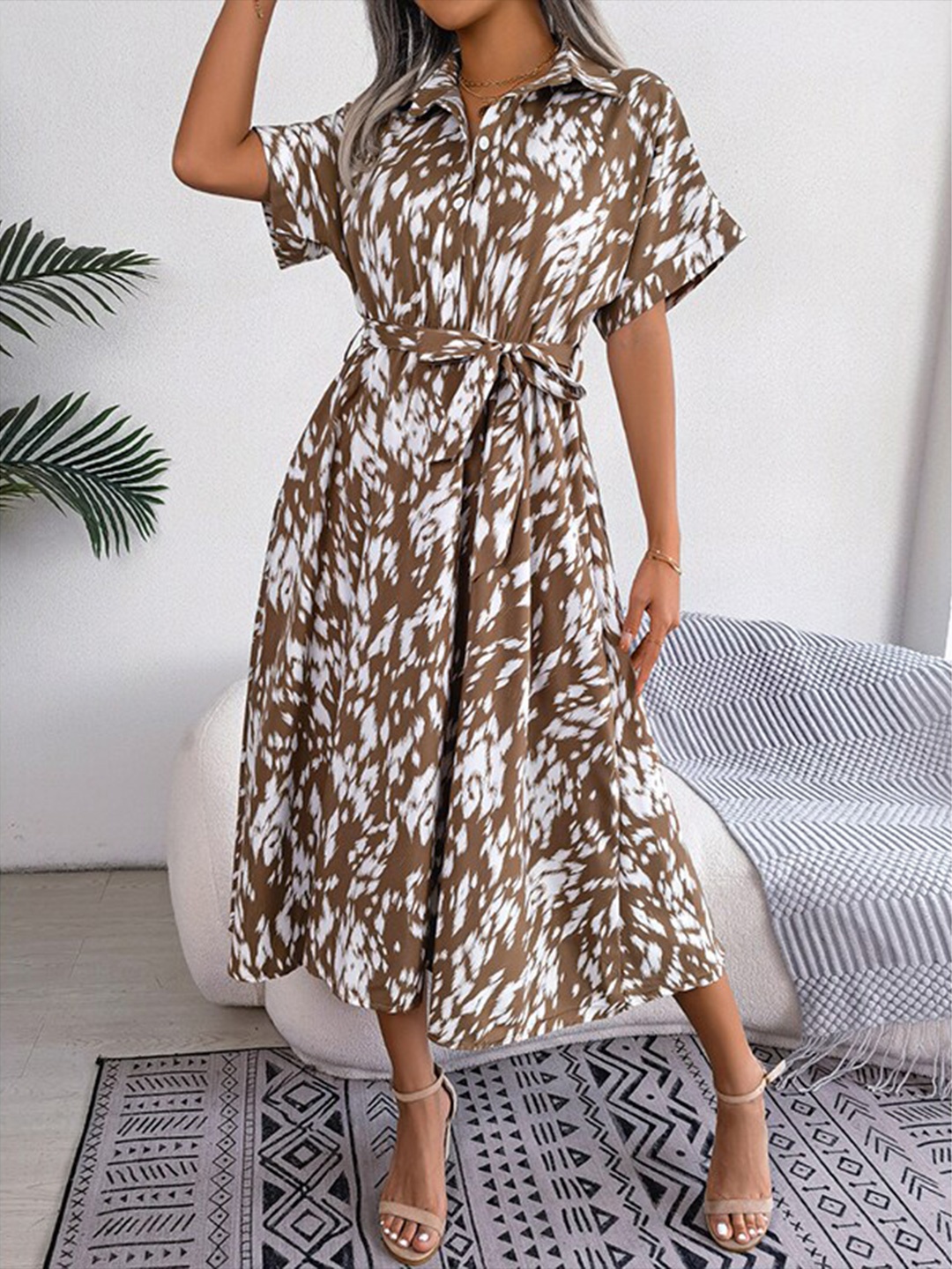 

StyleCast x Revolte Khaki Animal Print Shirt Collar Shirt Midi Dress