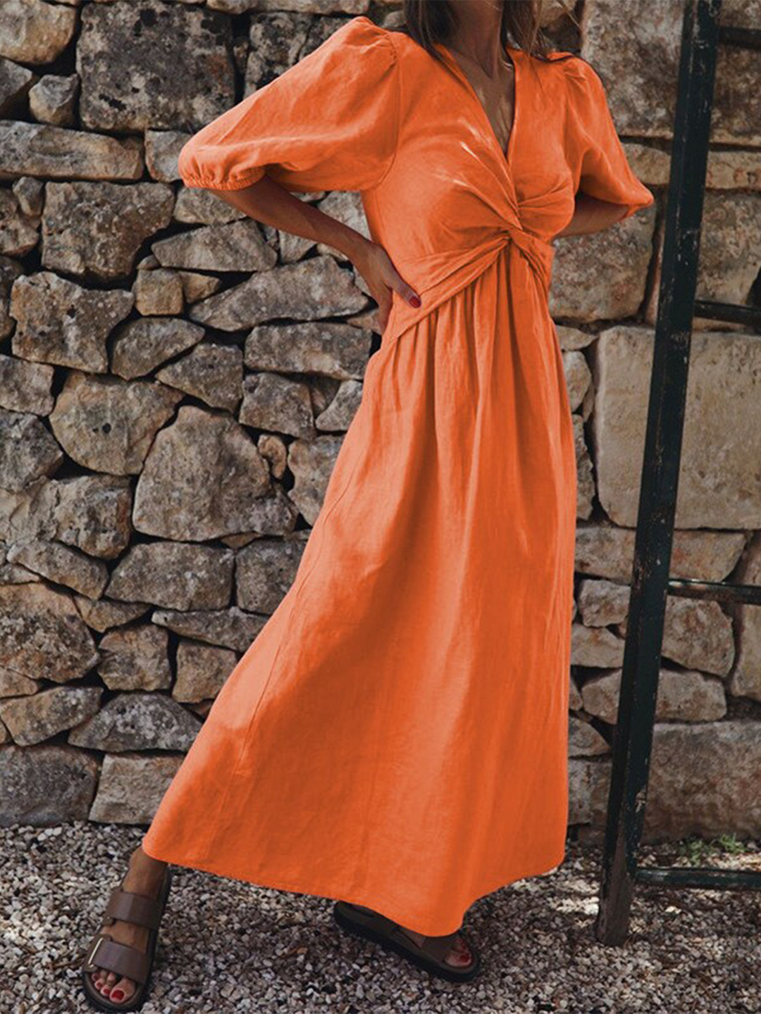

StyleCast x Revolte Orange V-Neck Puff Sleeve Linen Maxi Dress