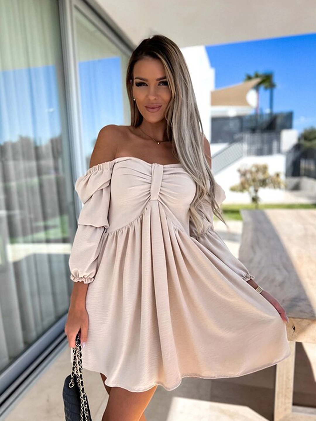 

StyleCast x Revolte Off-Shoulder Fit & Flare Dress, Beige