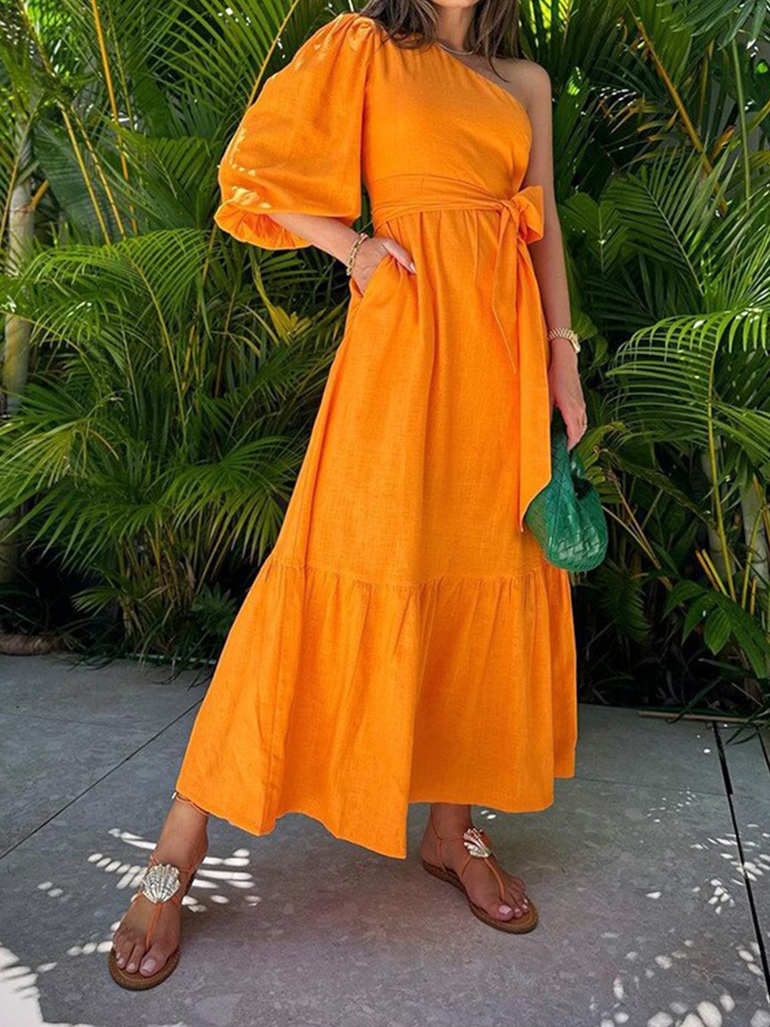 

StyleCast x Revolte One Shoulder Puff Sleeve Linen Maxi Dress, Orange