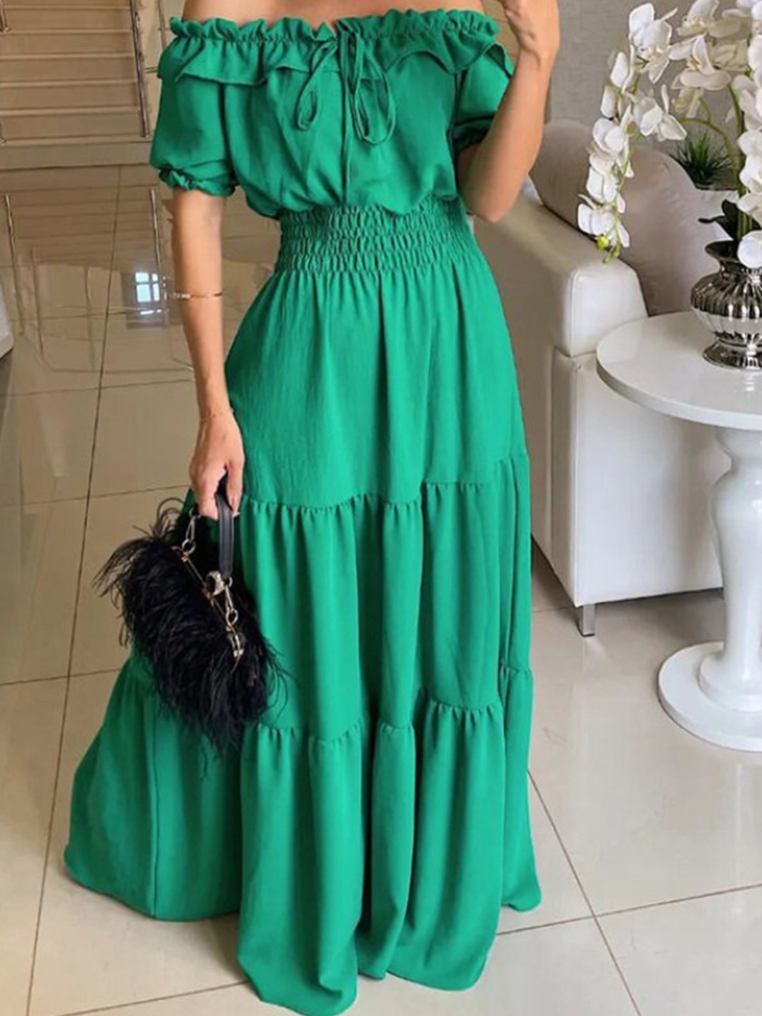 

StyleCast x Revolte Off-Shoulder Puff Sleeve Maxi Dress, Green