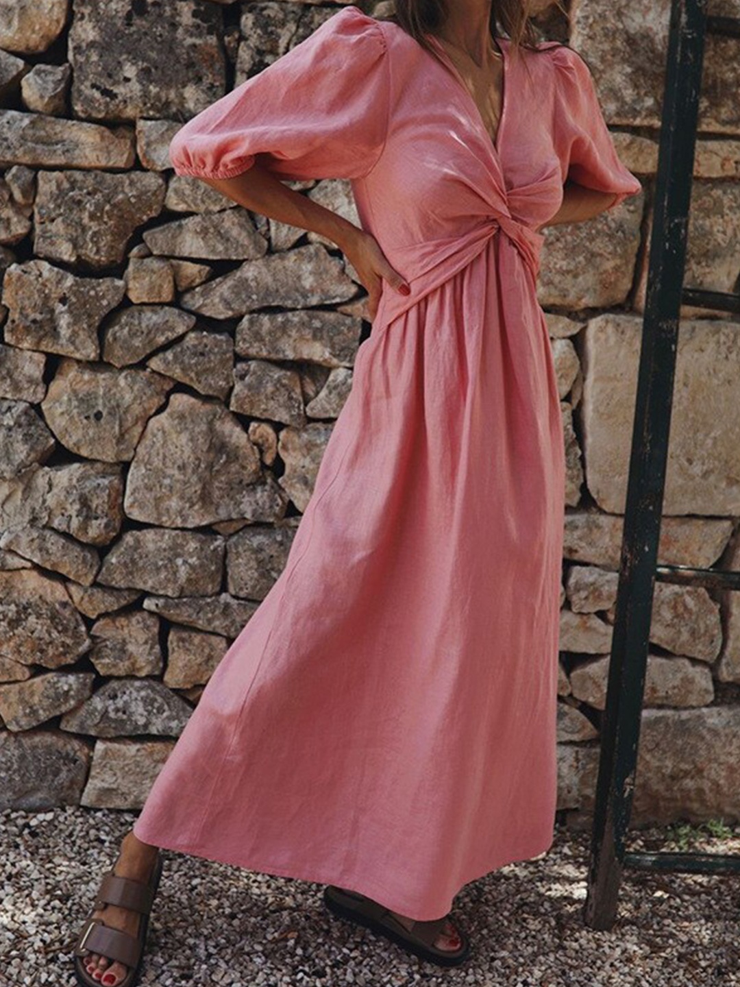 

StyleCast x Revolte Pink V-Neck Puff Sleeves Gathered Detail Linen Maxi Dress