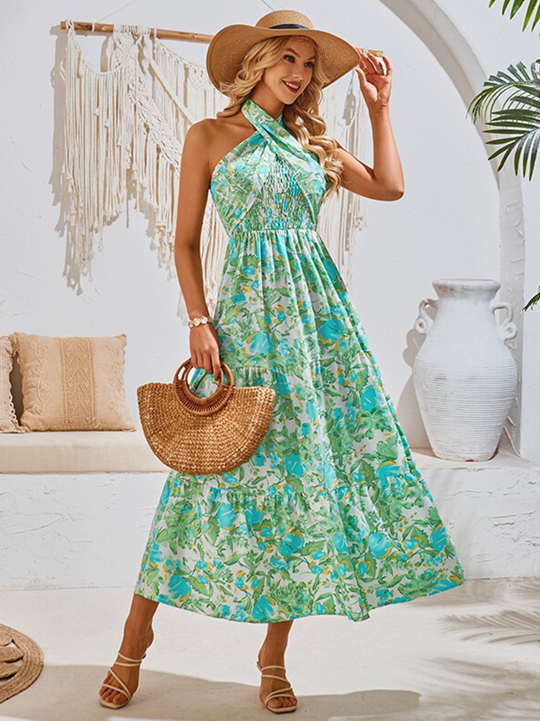 

StyleCast x Revolte Halter Neck Sleeveless Floral Print Maxi Dress, Green