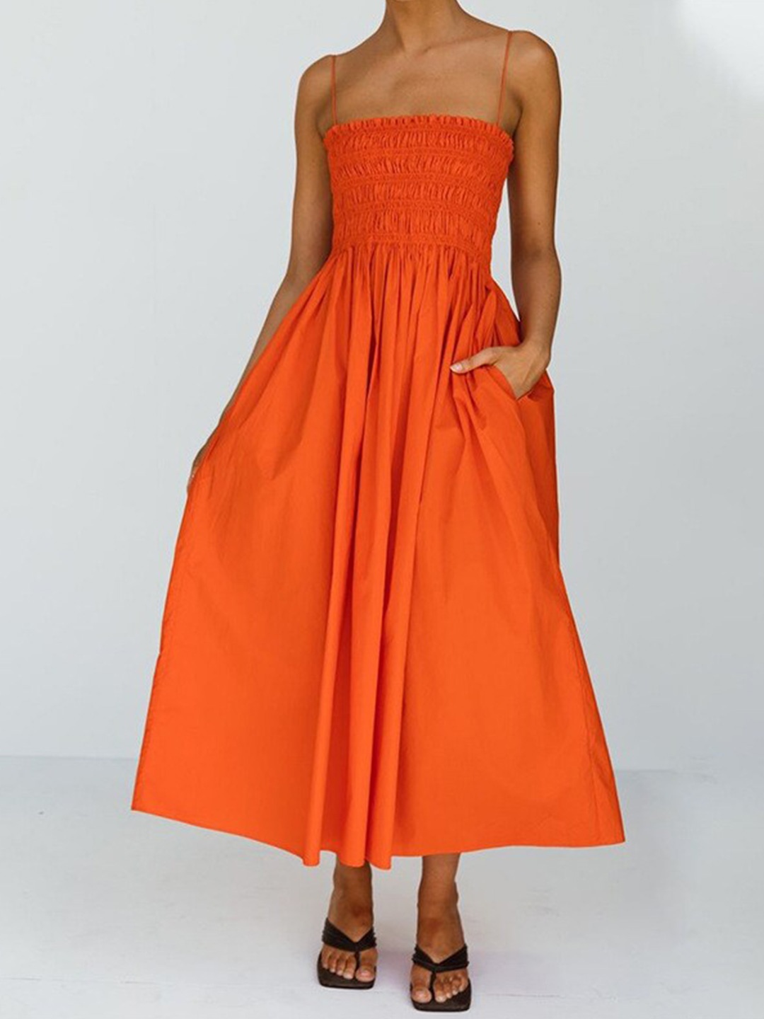 

StyleCast x Revolte Smocked Linen Fit & Flare Midi Dress, Orange