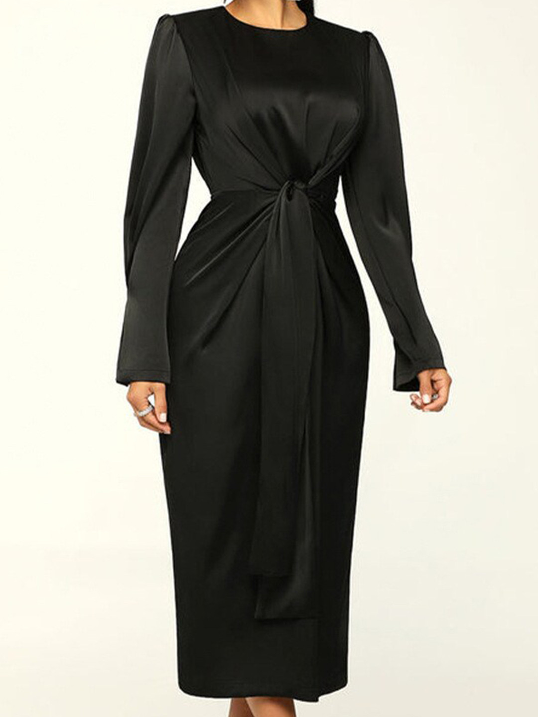 

StyleCast x Revolte Black Twisted Puff Sleeve Sheath Midi Dress
