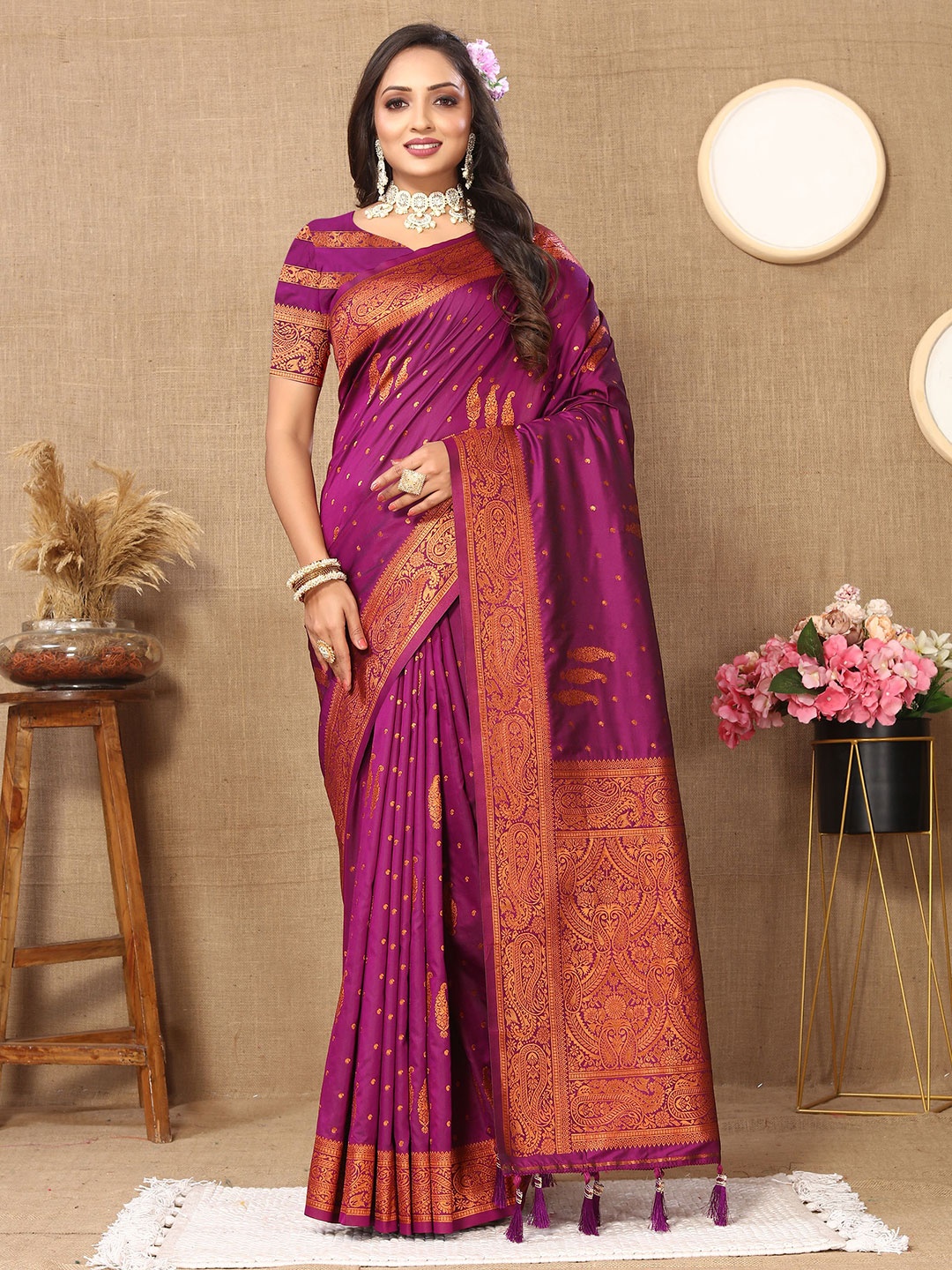 

bansari textiles Ethnic Motifs Woven Design Zari Silk Cotton Banarasi Saree, Purple