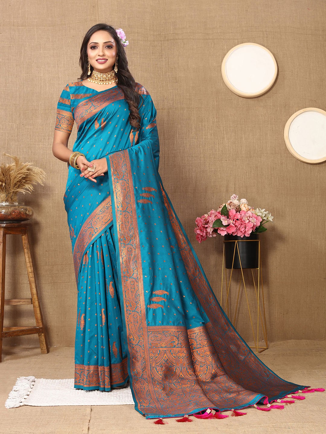 

bansari textiles Ethnic Motifs Woven Design Zari Silk Cotton Banarasi Saree, Turquoise blue