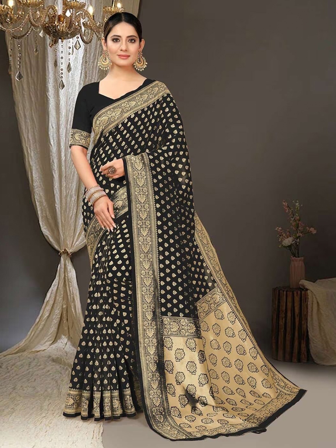 

FABIAN FASHION Ethnic Motifs Woven Design Zari Silk Cotton Banarasi Saree, Black