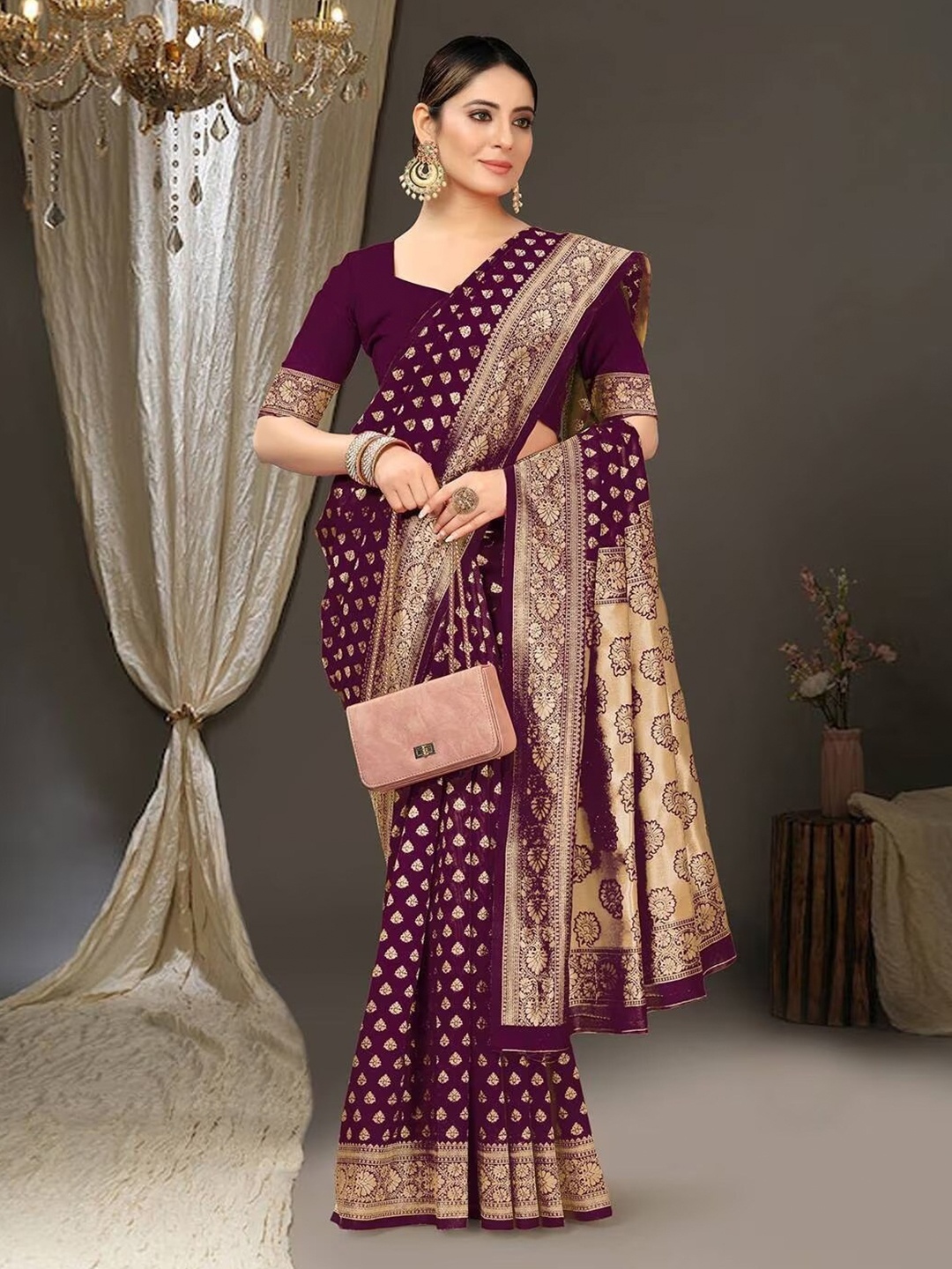 

FABIAN FASHION Ethnic Motifs Woven Design Zari Silk Cotton Banarasi Saree, Purple