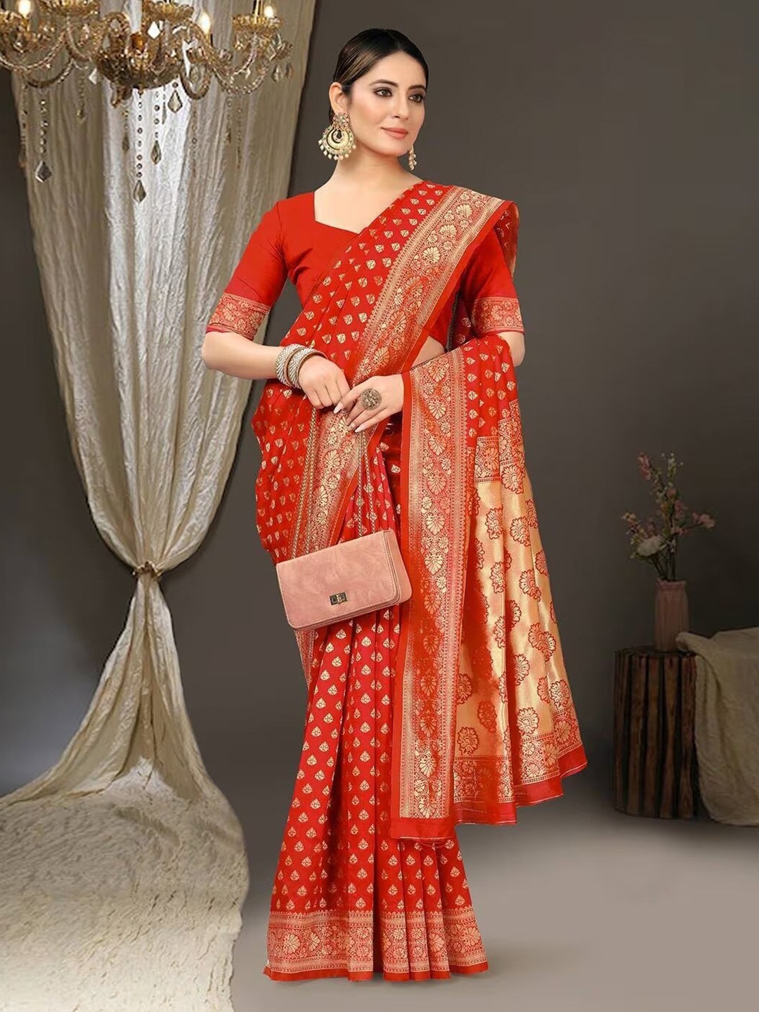 

FABIAN FASHION Ethnic Motifs Woven Design Zari Silk Cotton Banarasi Saree, Red