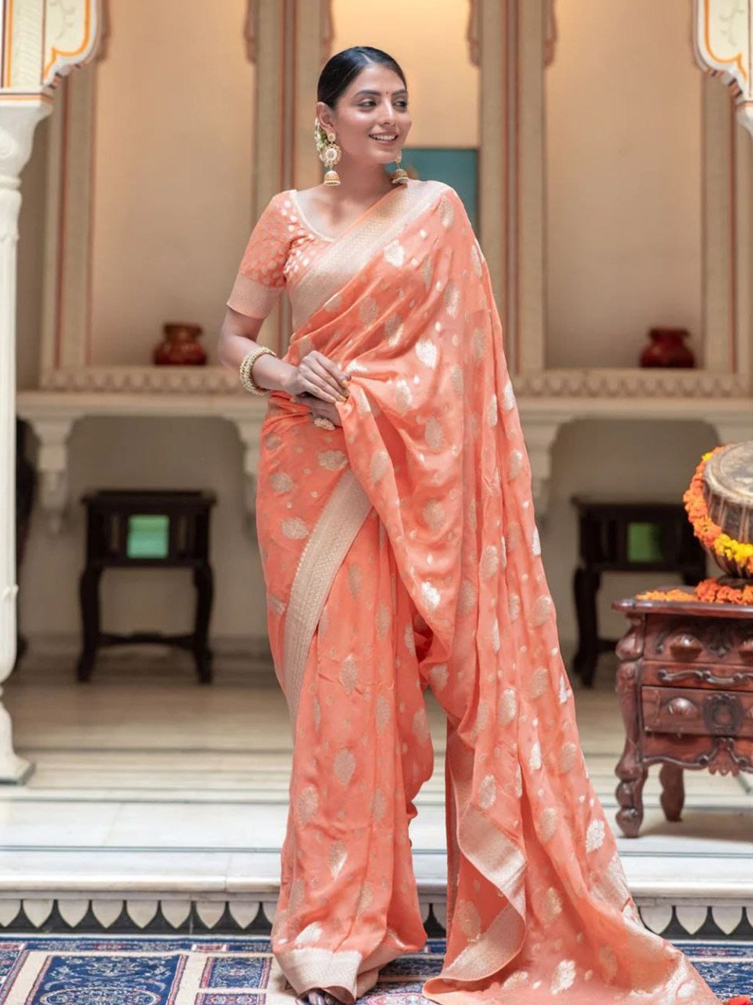 

FABIAN FASHION Ethnic Motifs Woven Design Zari Silk Cotton Banarasi Saree, Peach
