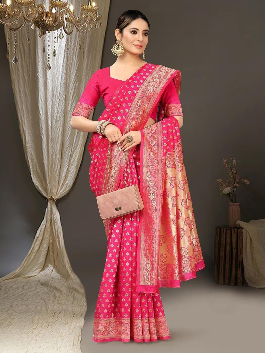 

FABIAN FASHION Ethnic Motifs Woven Design Zari Silk Cotton Banarasi Saree, Pink