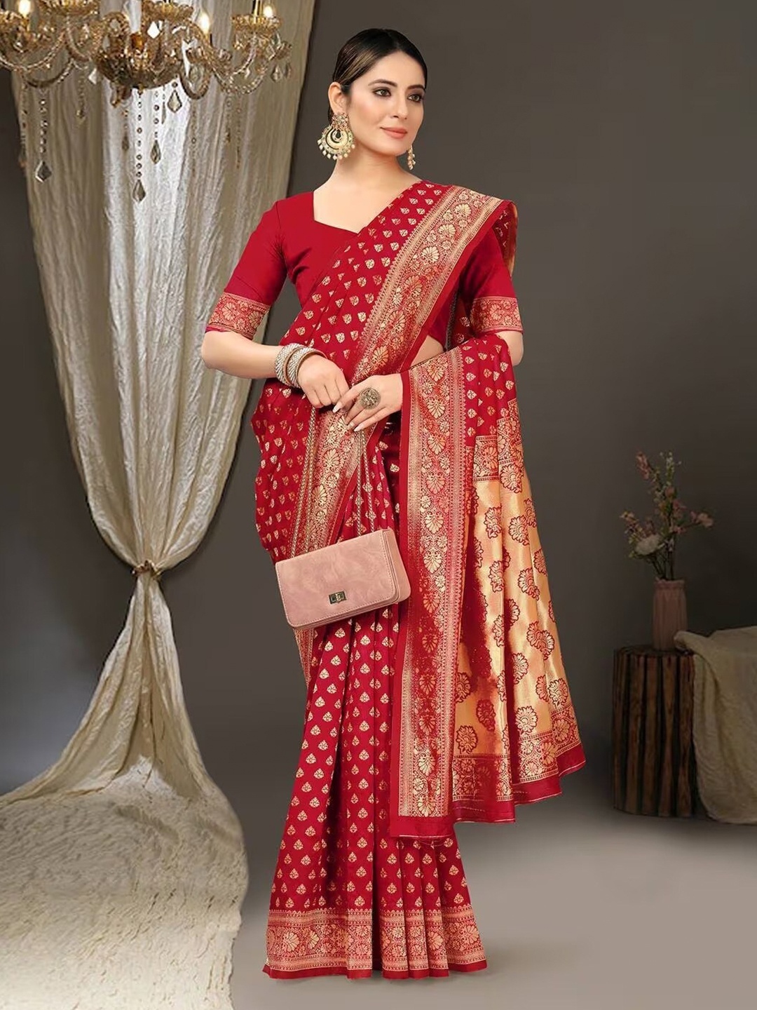

FABIAN FASHION Ethnic Motifs Woven Design Zari Silk Cotton Banarasi Saree, Maroon