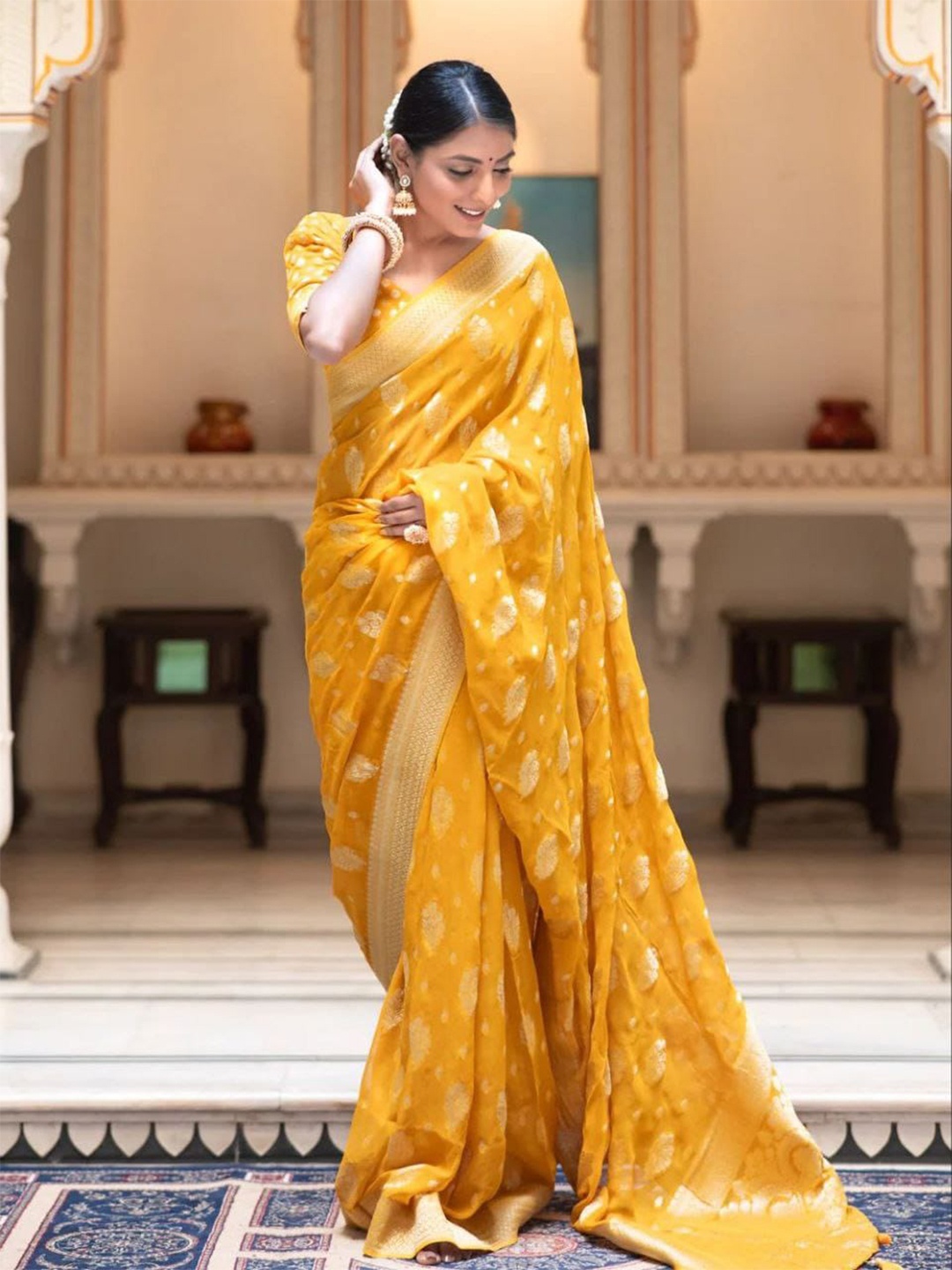 

FABIAN FASHION Woven Design Zari Silk Cotton Banarasi Saree, Yellow