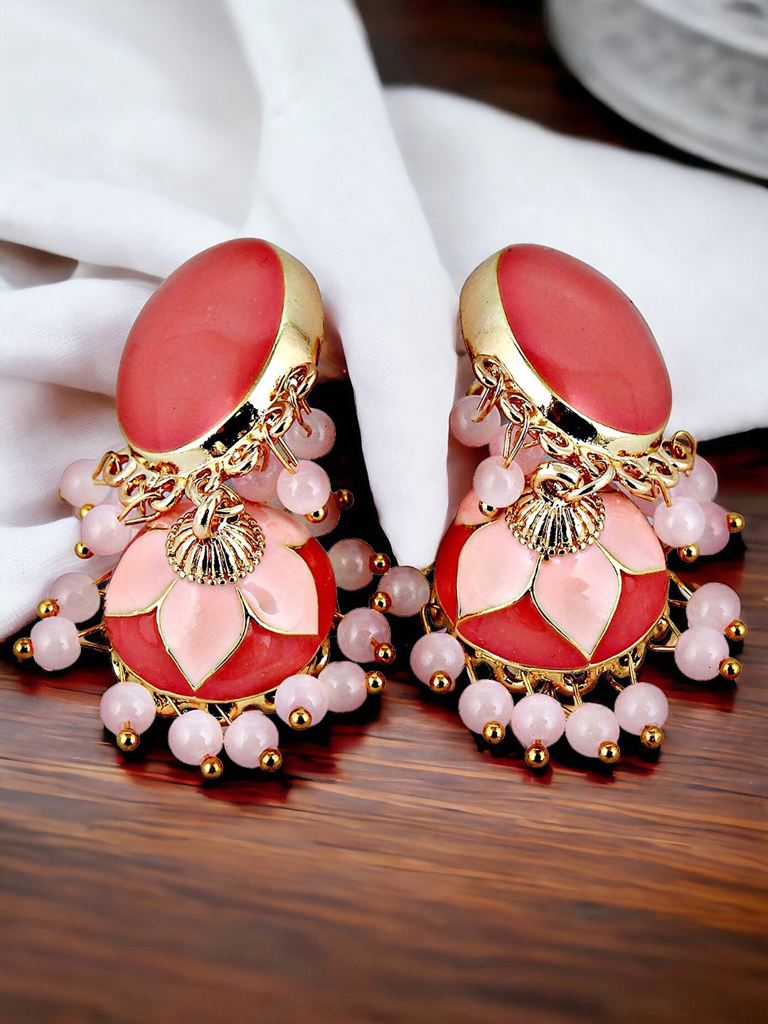 

LUCKY JEWELLERY Gold-Plated Contemporary Meenakari Jhumkas