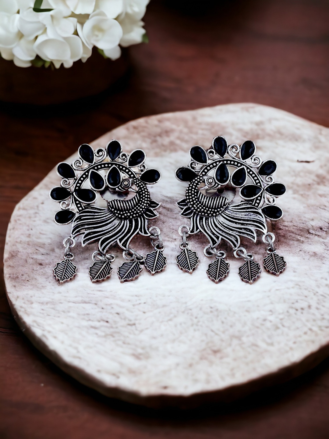 

LUCKY JEWELLERY German Silver-Plated Oxidised Peacock Shaped Jhumkas