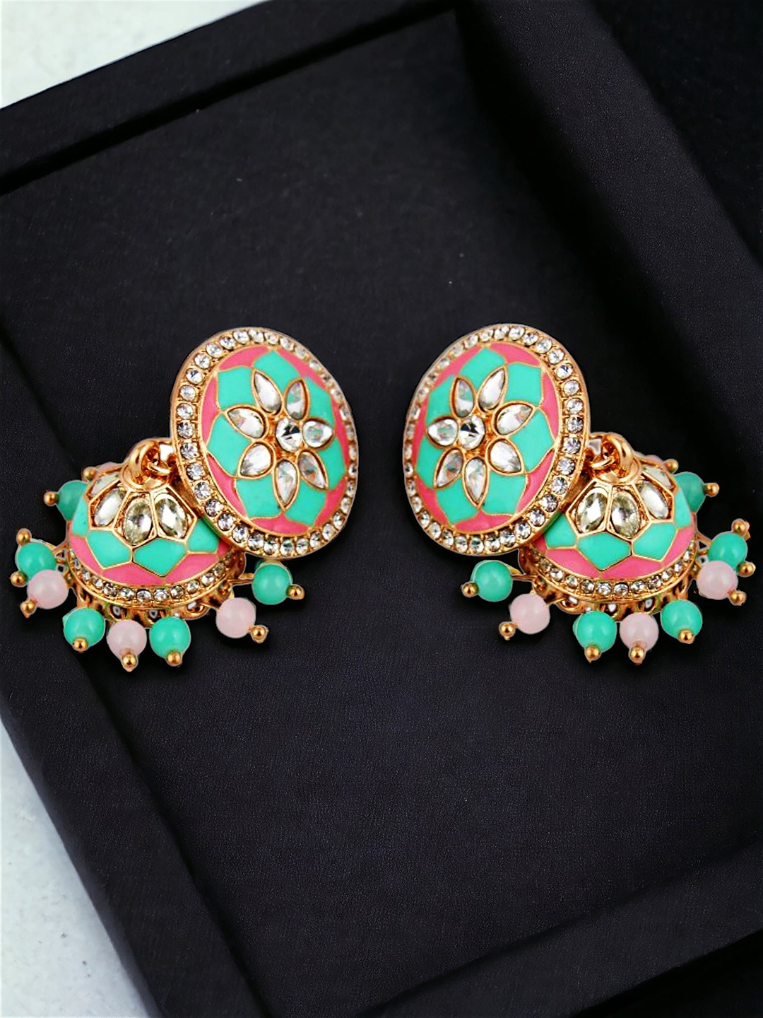 

LUCKY JEWELLERY Gold-Plated Dome Shaped Kundan Meenakari Jhumkas