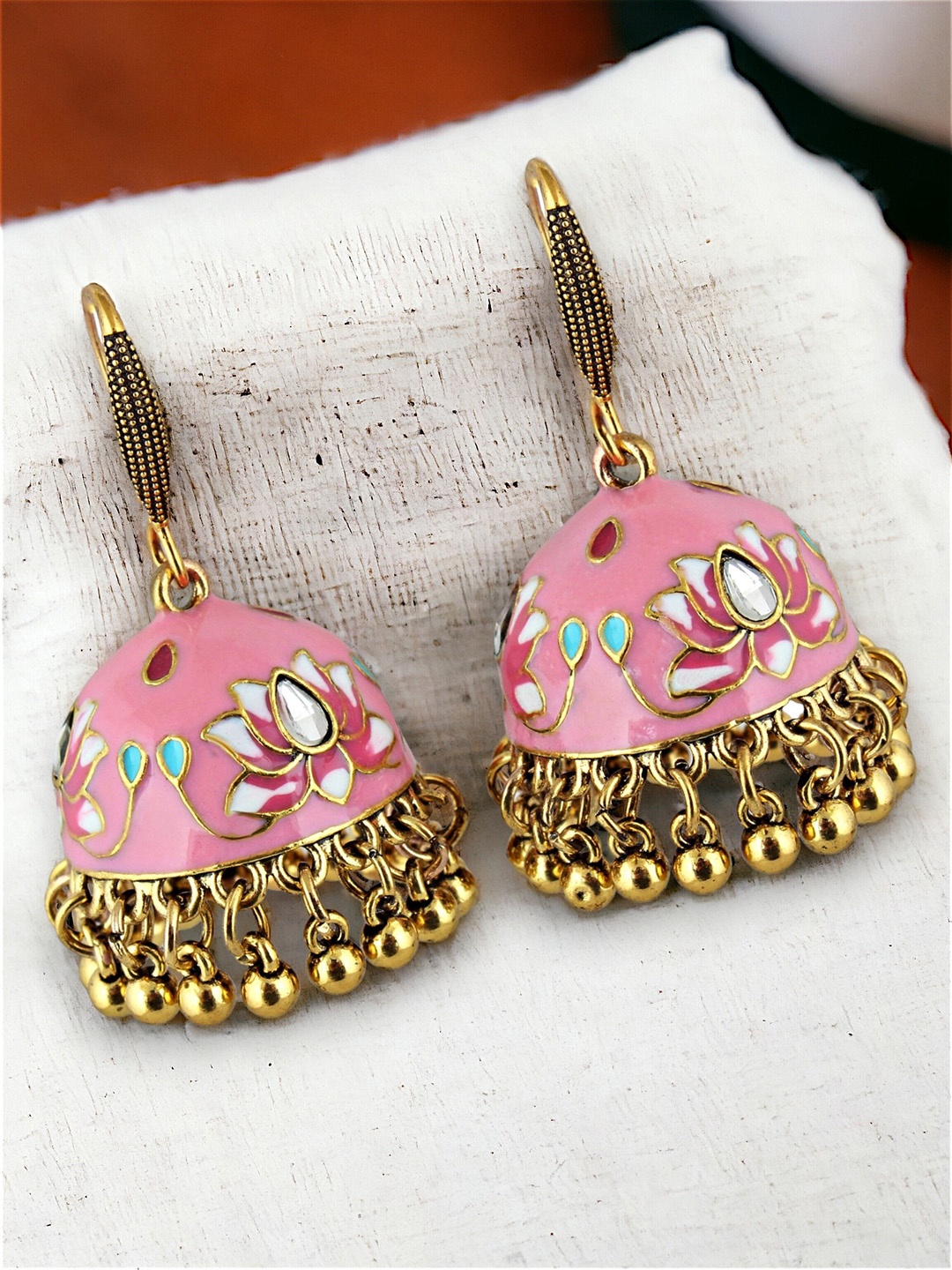 

LUCKY JEWELLERY Gold Plated Kundan-Studded & Beaded Jhumkas, Pink