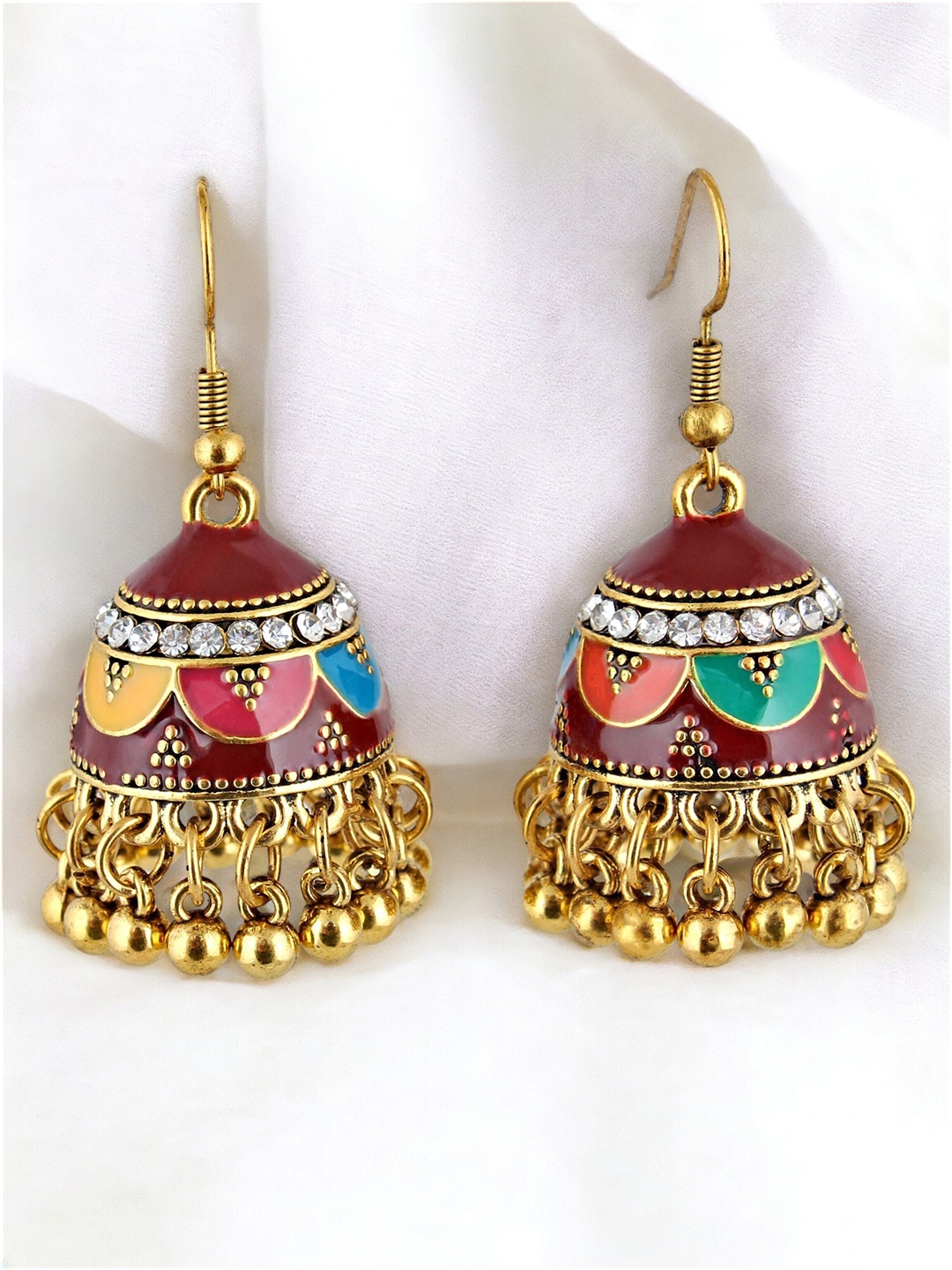 

LUCKY JEWELLERY Gold-Plated Meenakari Contemporary Jhumkas
