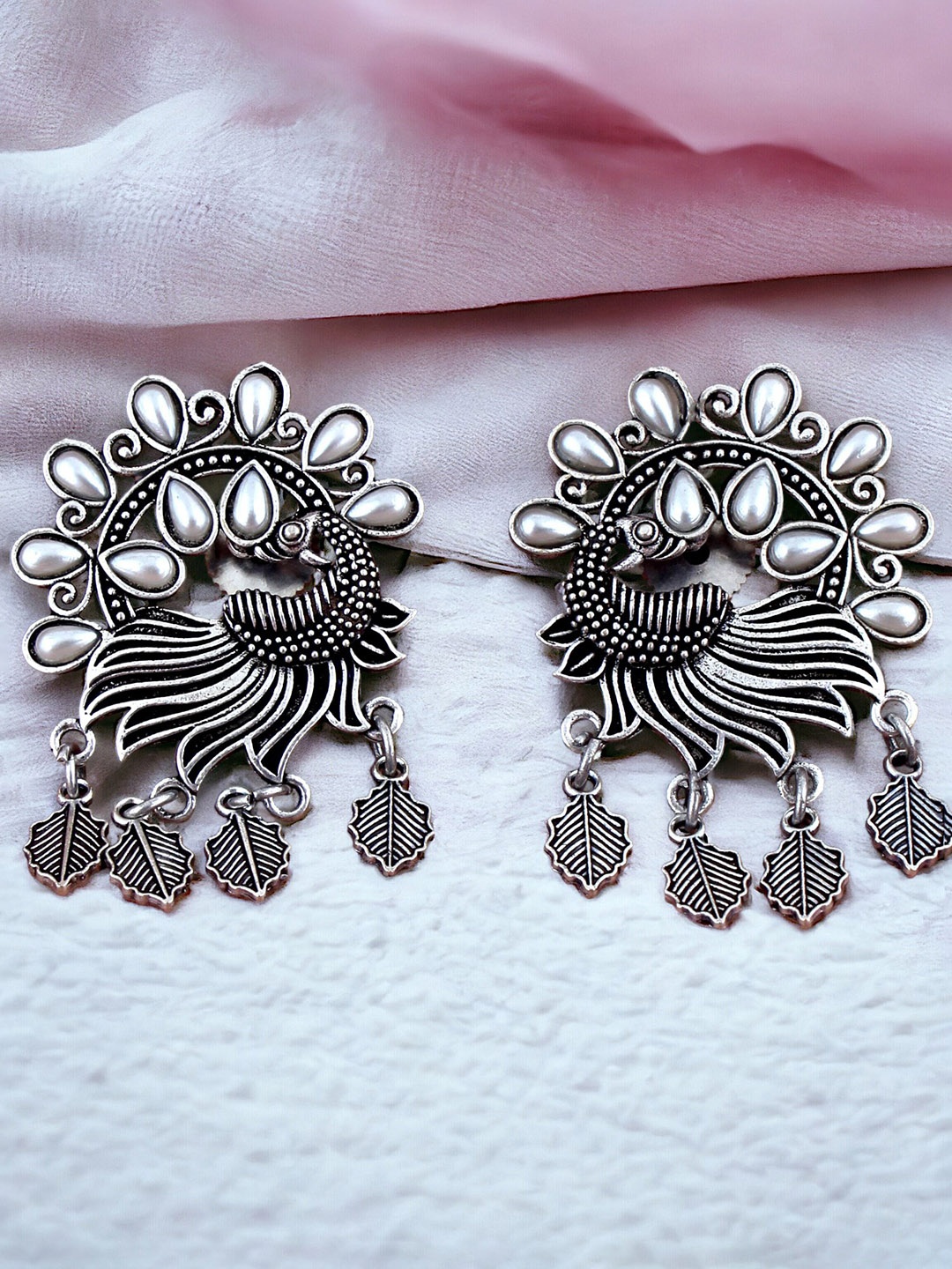 

LUCKY JEWELLERY German Silver-Plated Oxidised Peacock Shaped Jhumkas