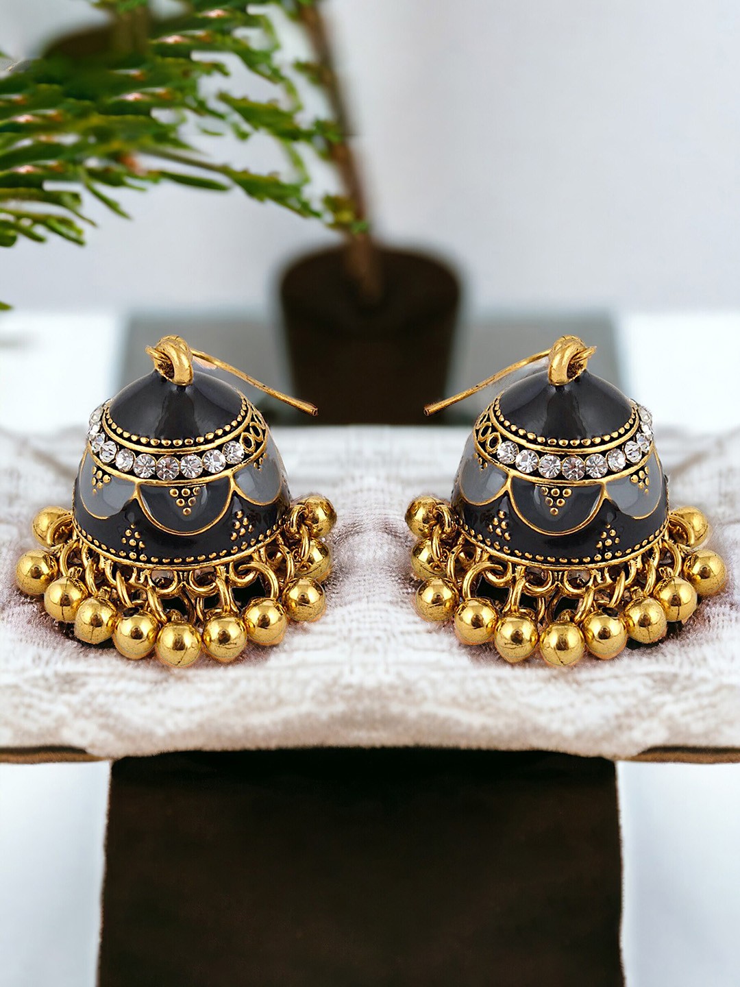 

LUCKY JEWELLERY Gold-Plated Meenakari Contemporary Jhumkas, Black