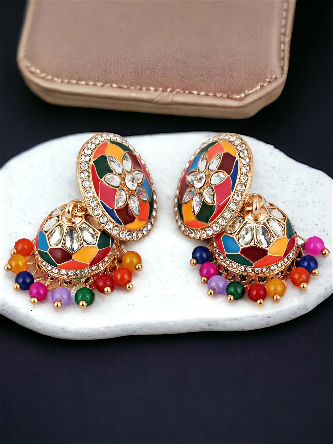 

LUCKY JEWELLERY Gold Plated Kundan Studded & Beaded Jhumkas