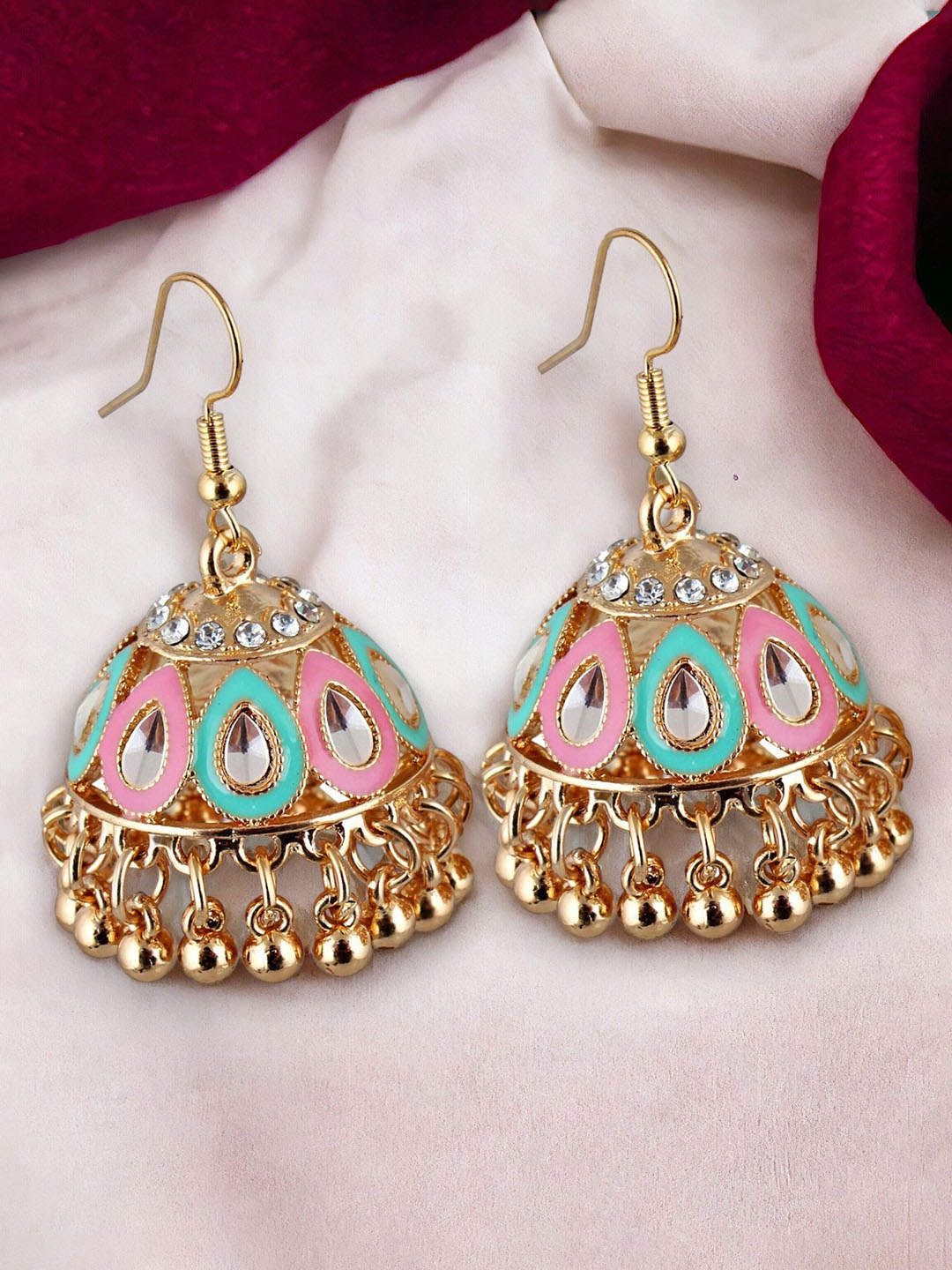 

LUCKY JEWELLERY Gold-Plated Kundan Meenakari Contemporary Jhumkas