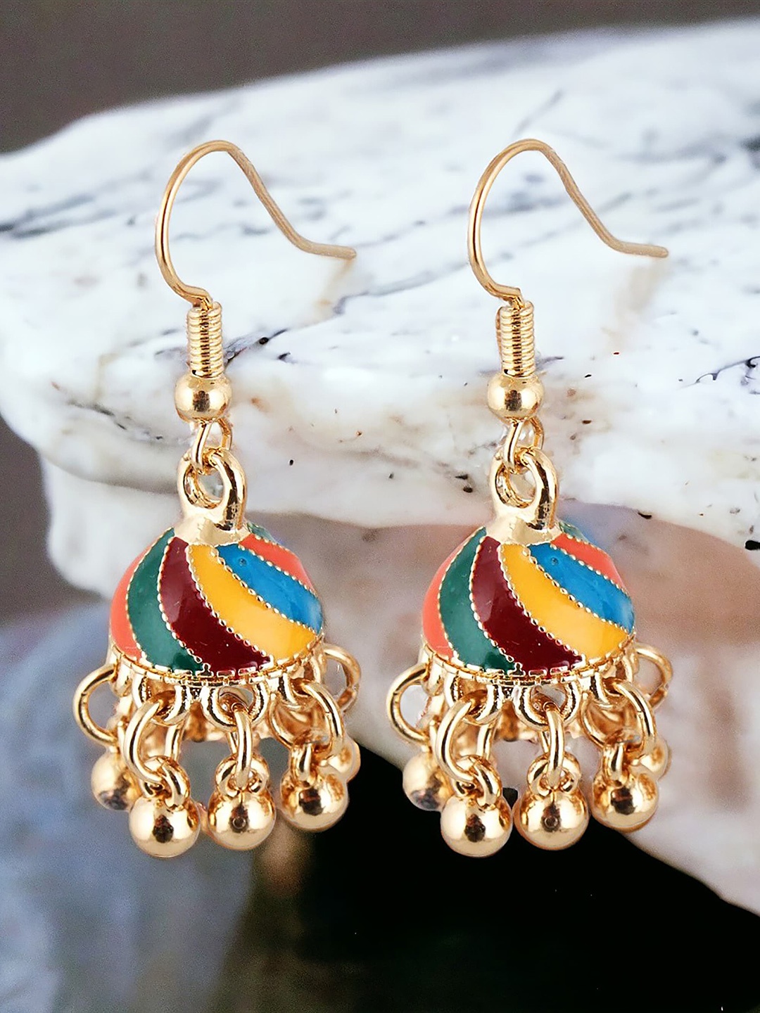 

LUCKY JEWELLERY Gold-Plated Contemporary Meenakari Jhumkas