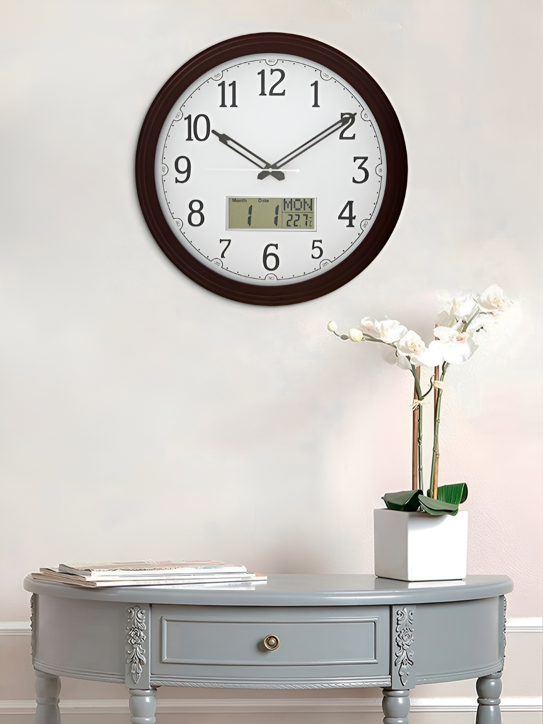

Craft Smith Solid Round Contemporary Wall Clock With Calendar & Temperature Readings, Brown