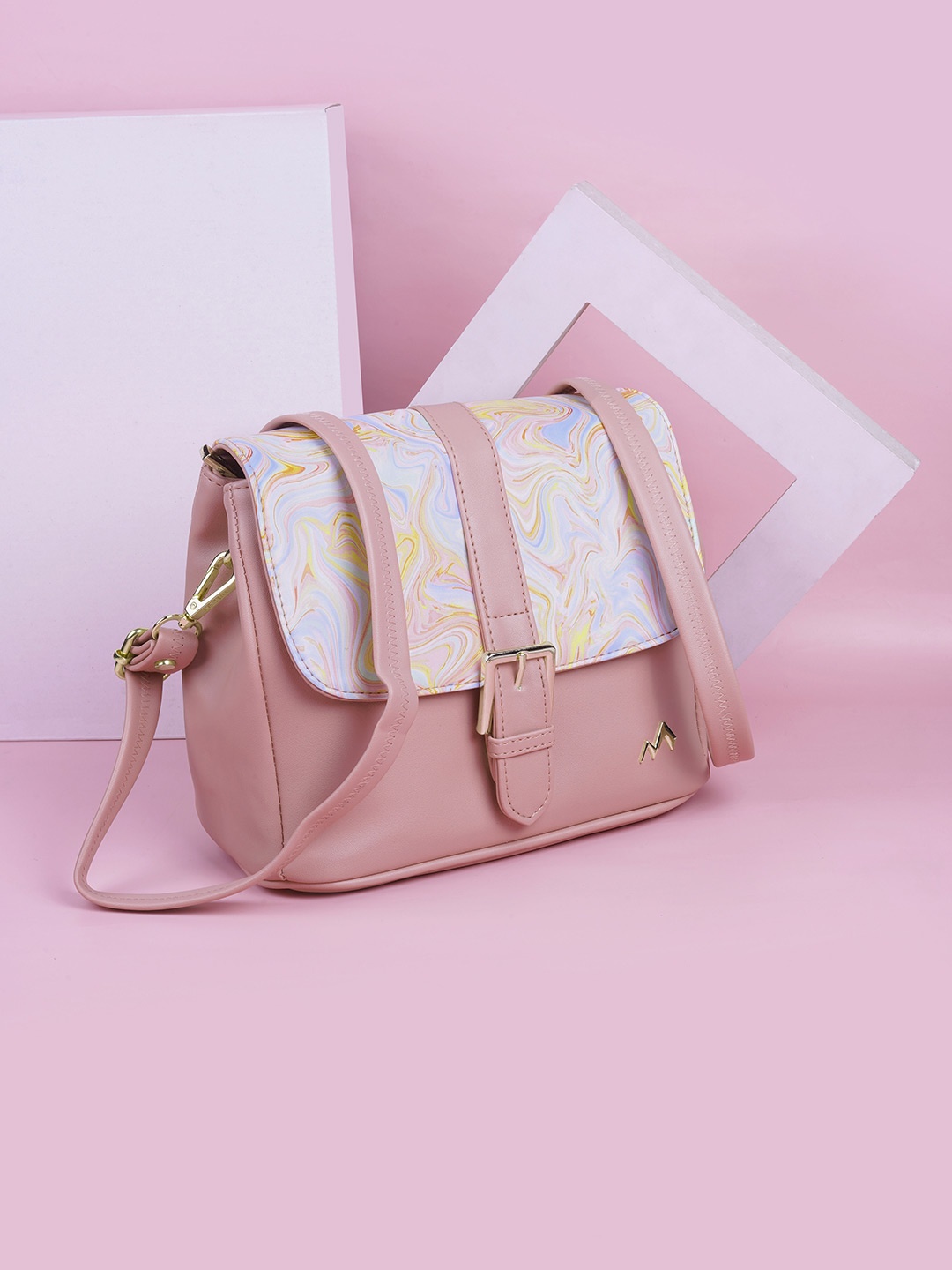 

Metro Abstract Printed Structured Sling Bag With Buckle Detail, Peach