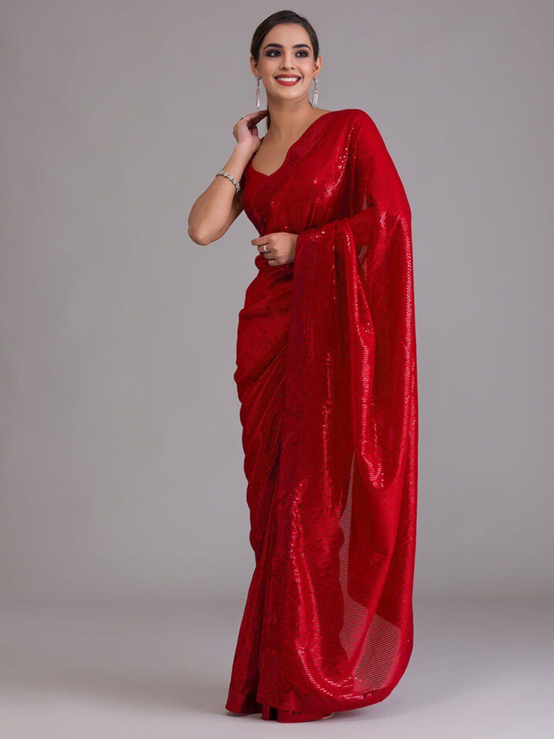 

ANJANI TEXTILE Embellished Sequinned Saree, Red