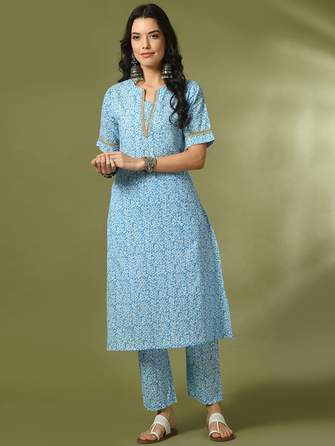 

Sangria Ethnic Motifs Printed Pure Cotton Straight Kurta & Trousers, Blue