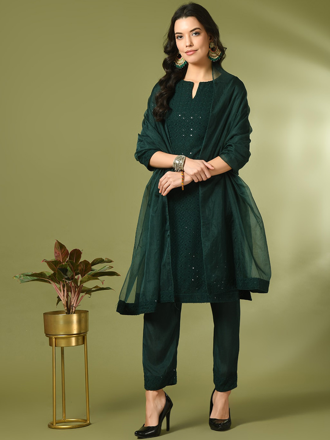 

Sangria Sequin Embroidered Cotton Straight Kurta With Trousers & Duppatta, Green