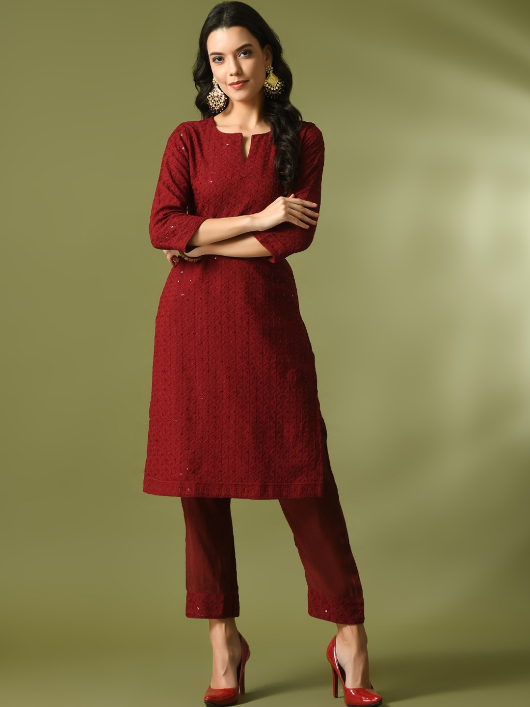 

Sangria Ethnic Motifs Embroidered Sequined Cotton Straight Kurta With Trouser, Maroon