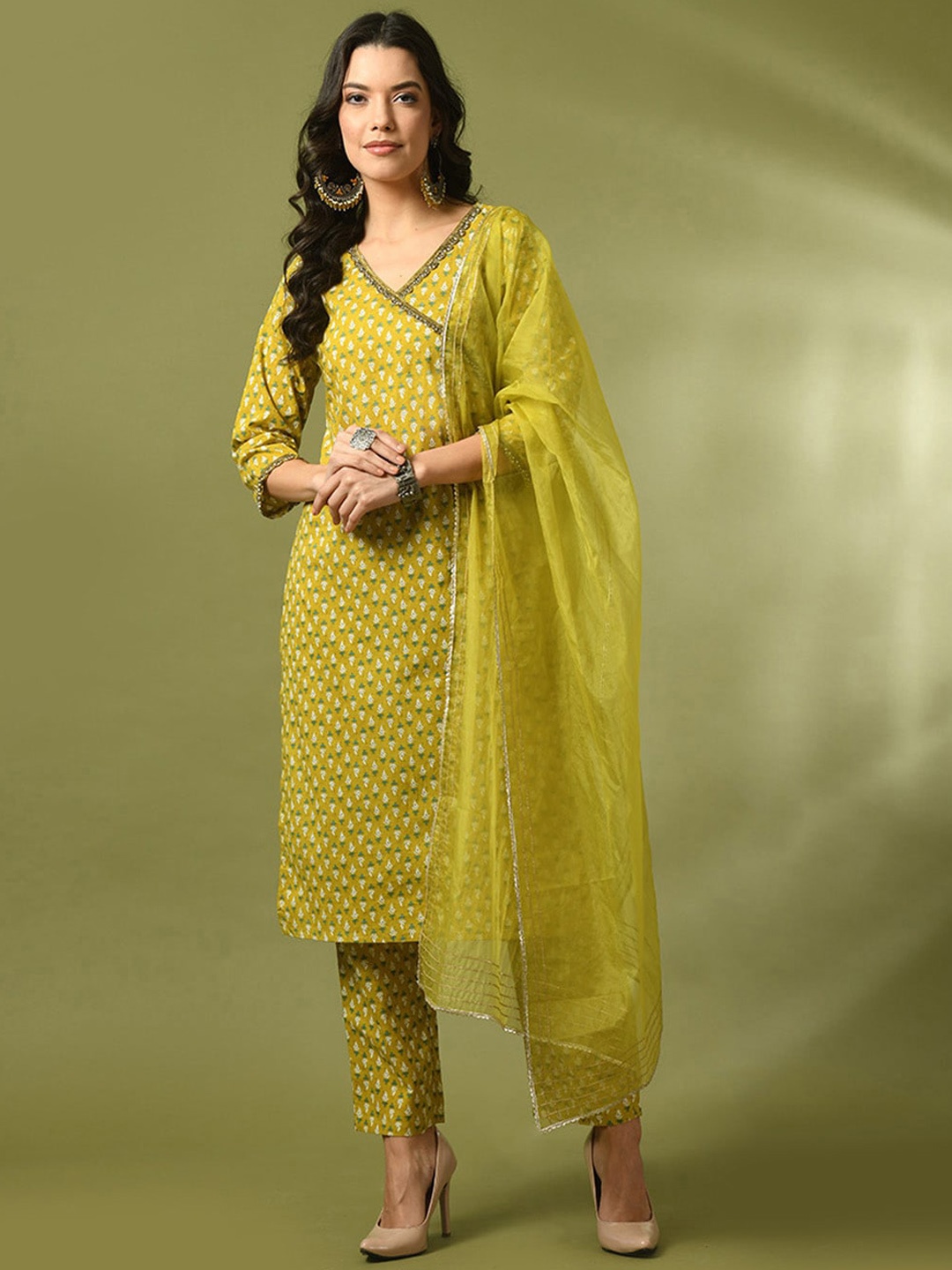 

Sangria Ethnic Motifs Printed Cotton Straight Angrakha Kurta With Trousers & Dupatta, Yellow