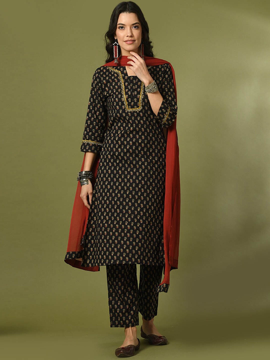

Sangria Ethnic Motifs Printed Cotton Straight Kurta With Trousers & Dupatta, Black