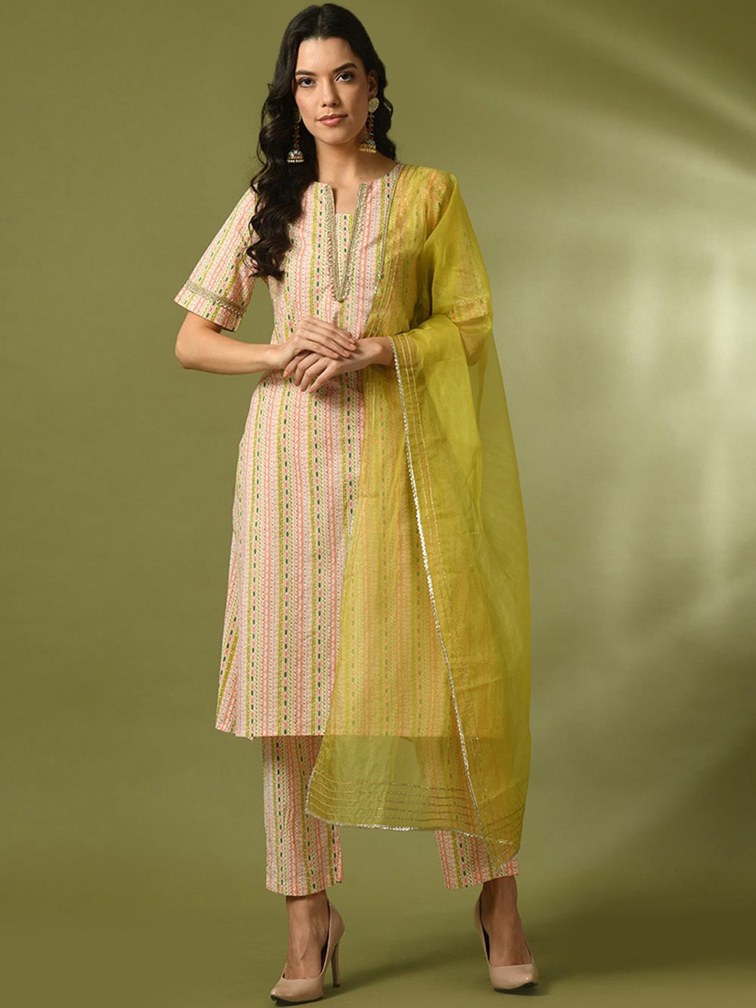 

Sangria Ethnic Motifs Printed Cotton Straight Kurta With Trousers & Dupatta, Off white