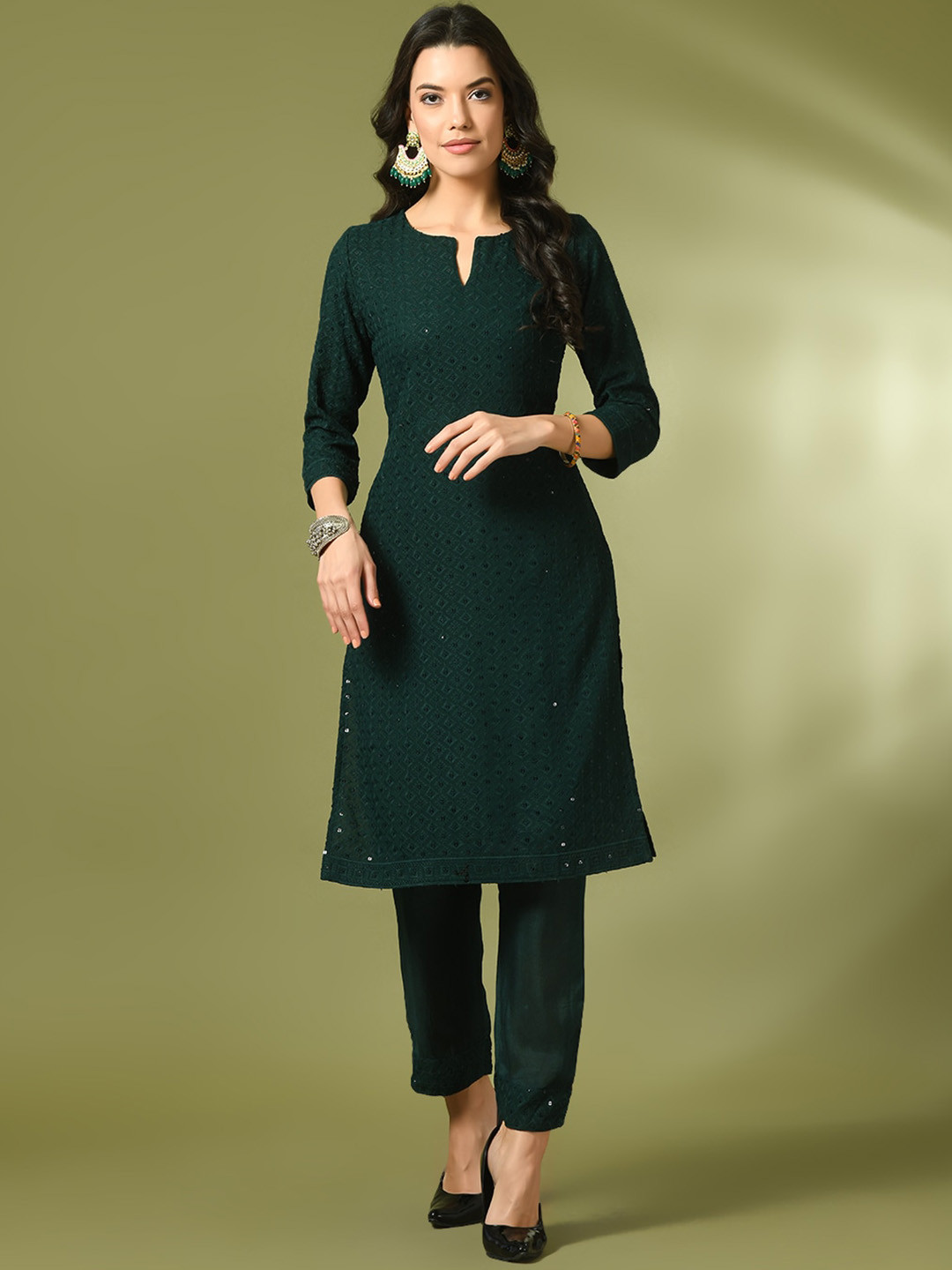 

Sangria Ethnic Motifs Embroidered Sequined Pure Cotton Straight Kurta & Trousers, Green