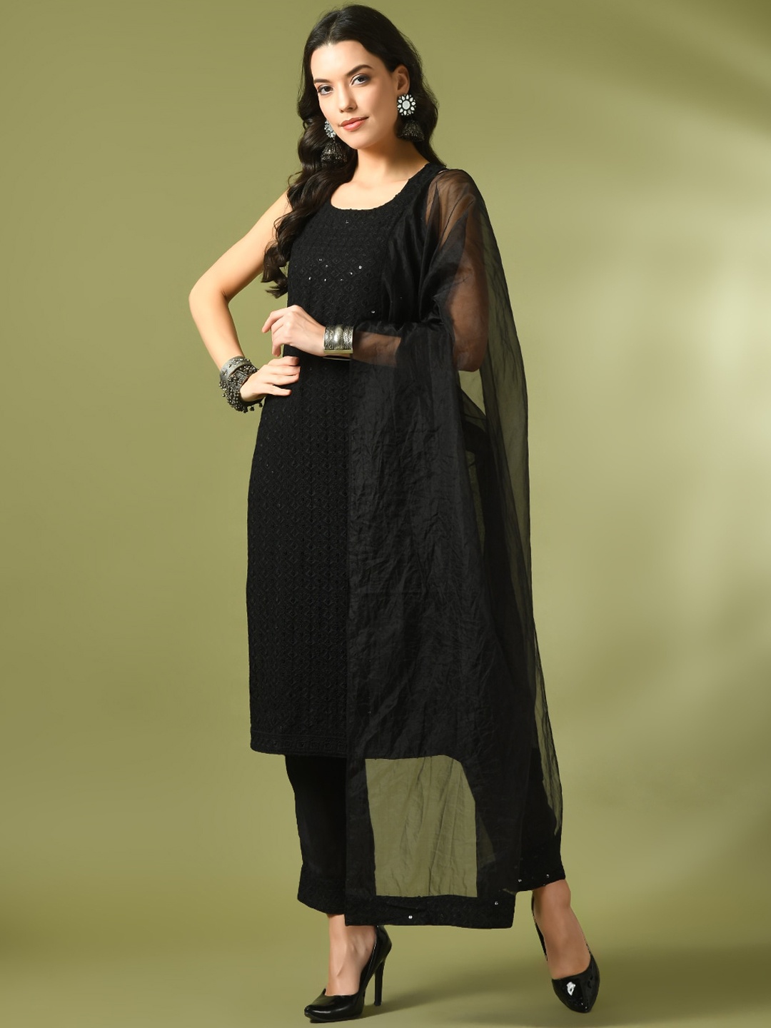 

Sangria Ethnic Motifs Embroidered Sequined Cotton Straight Kurta With Trouser & Dupatta, Black