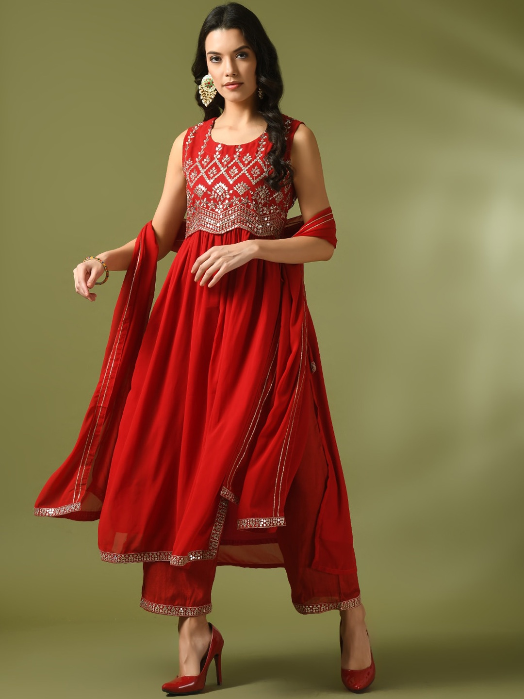 

Sangria Ethnic Motifs Embroidered Sequined A-Line Kurta & Trousers With Dupatta, Red