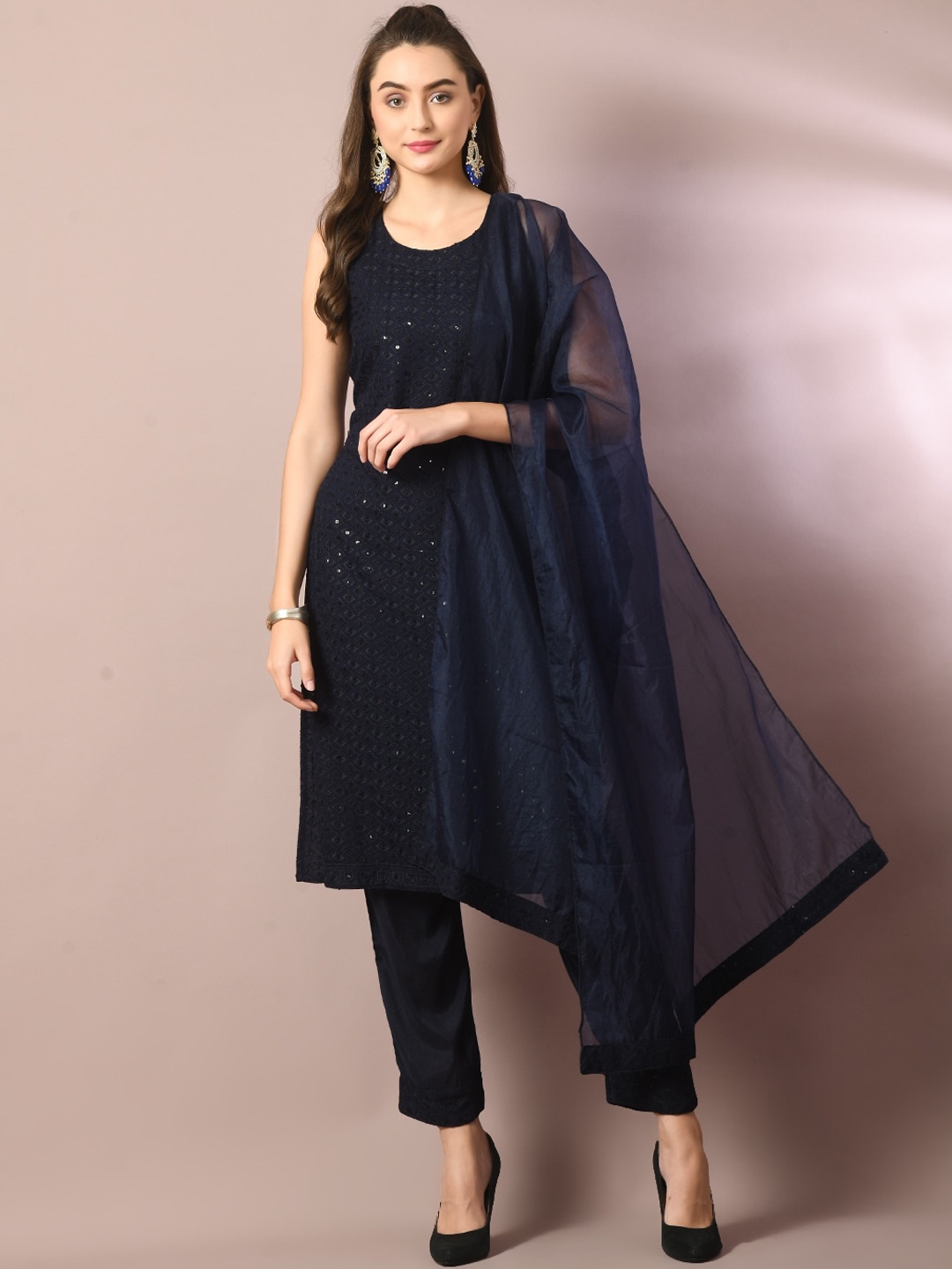 

Sangria Embroidered Sequined Pure Cotton Kurta With Trousers & Dupatta, Navy blue