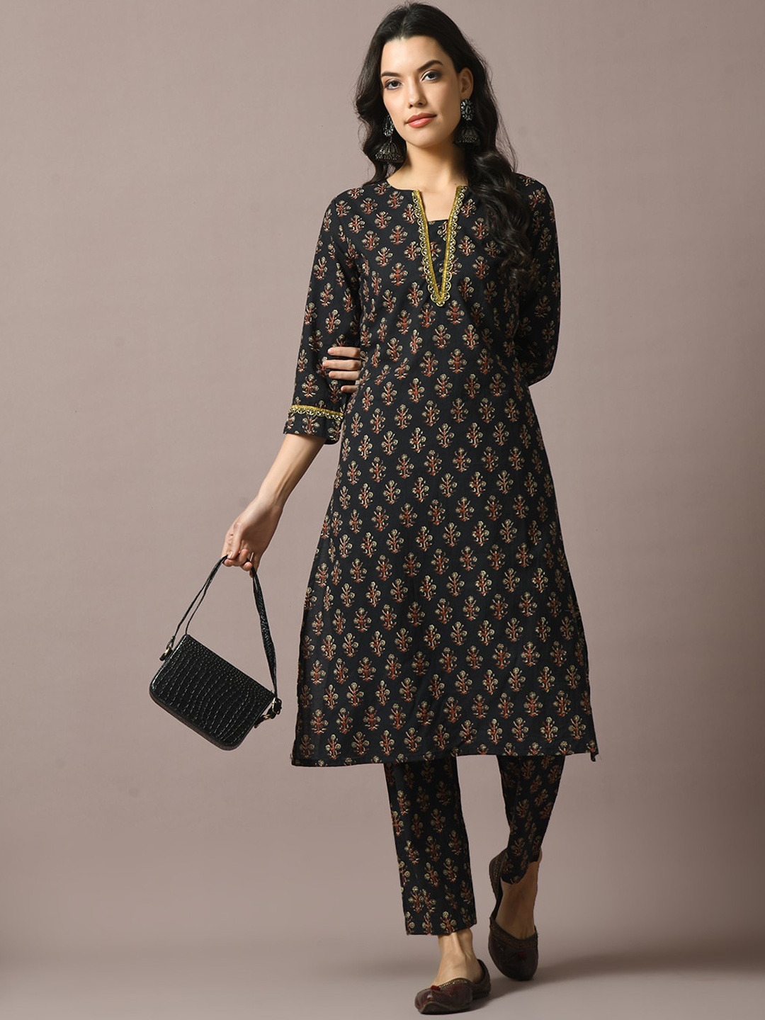 

Sangria Ethnic Motifs Printed Pure Cotton Notched Neck Straight Kurta & Trousers, Black