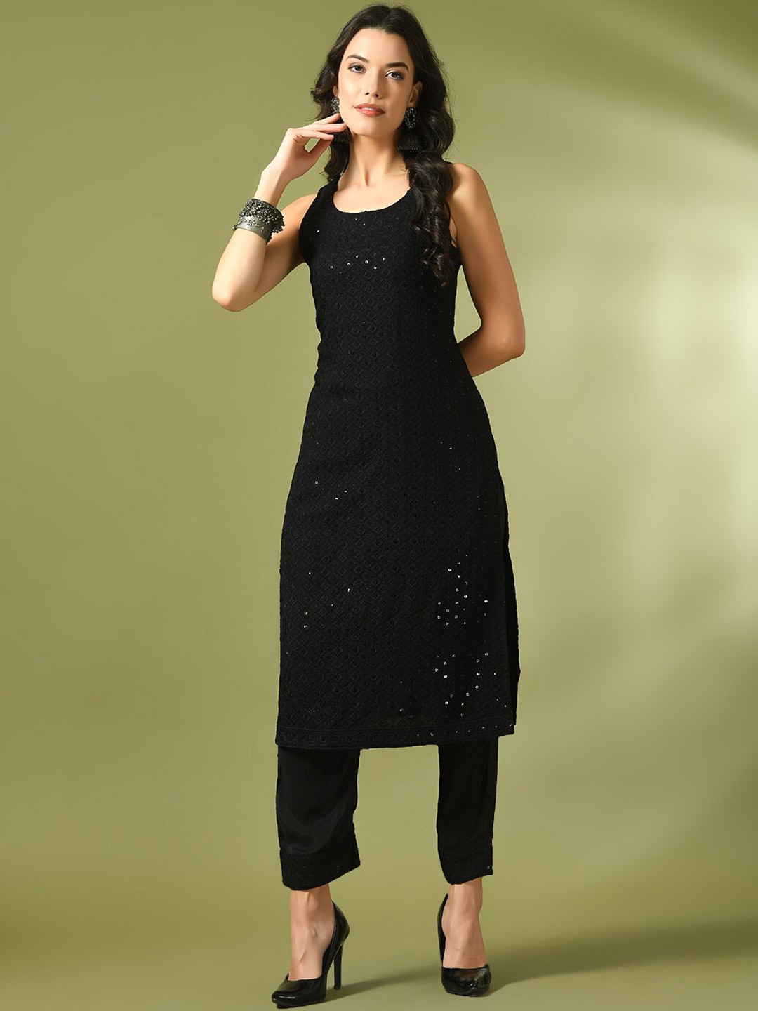 

Sangria Embroidered Sequined Pure Cotton Kurta With Trousers, Black