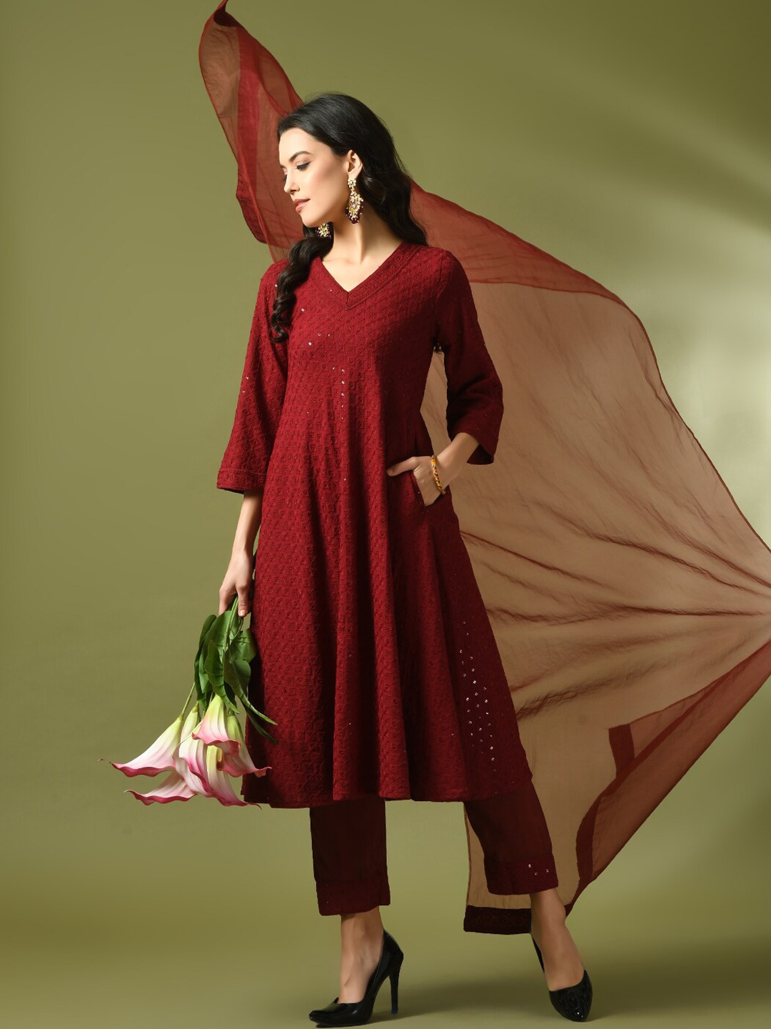 

Sangria Ethnic Motifs Embroidered Sequined Cotton A-Line Kurta With Trouser & Dupatta, Maroon