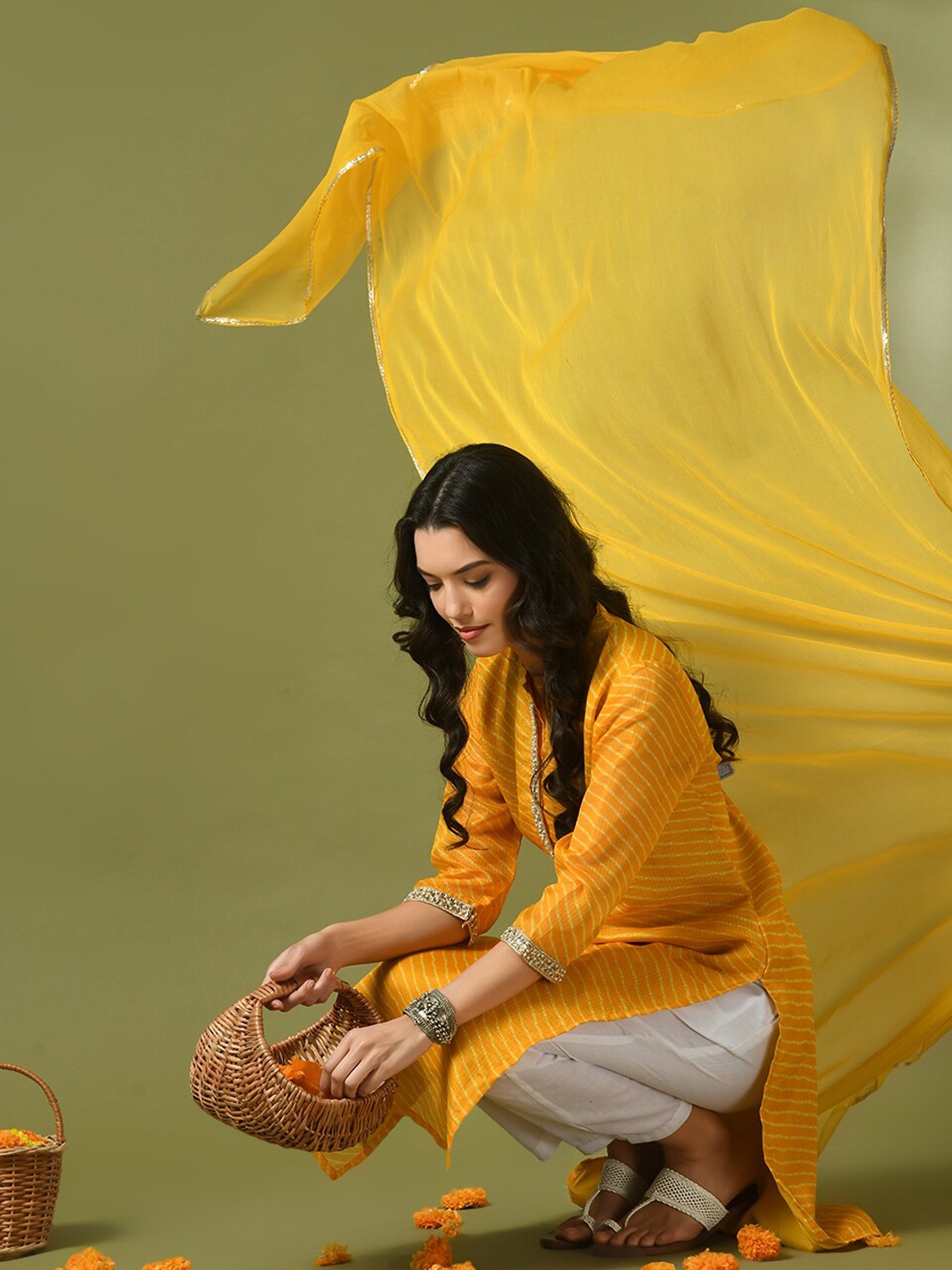 

Sangria Leheriya Kota Printed Straight Kurta With Trousers & Dupatta, Yellow