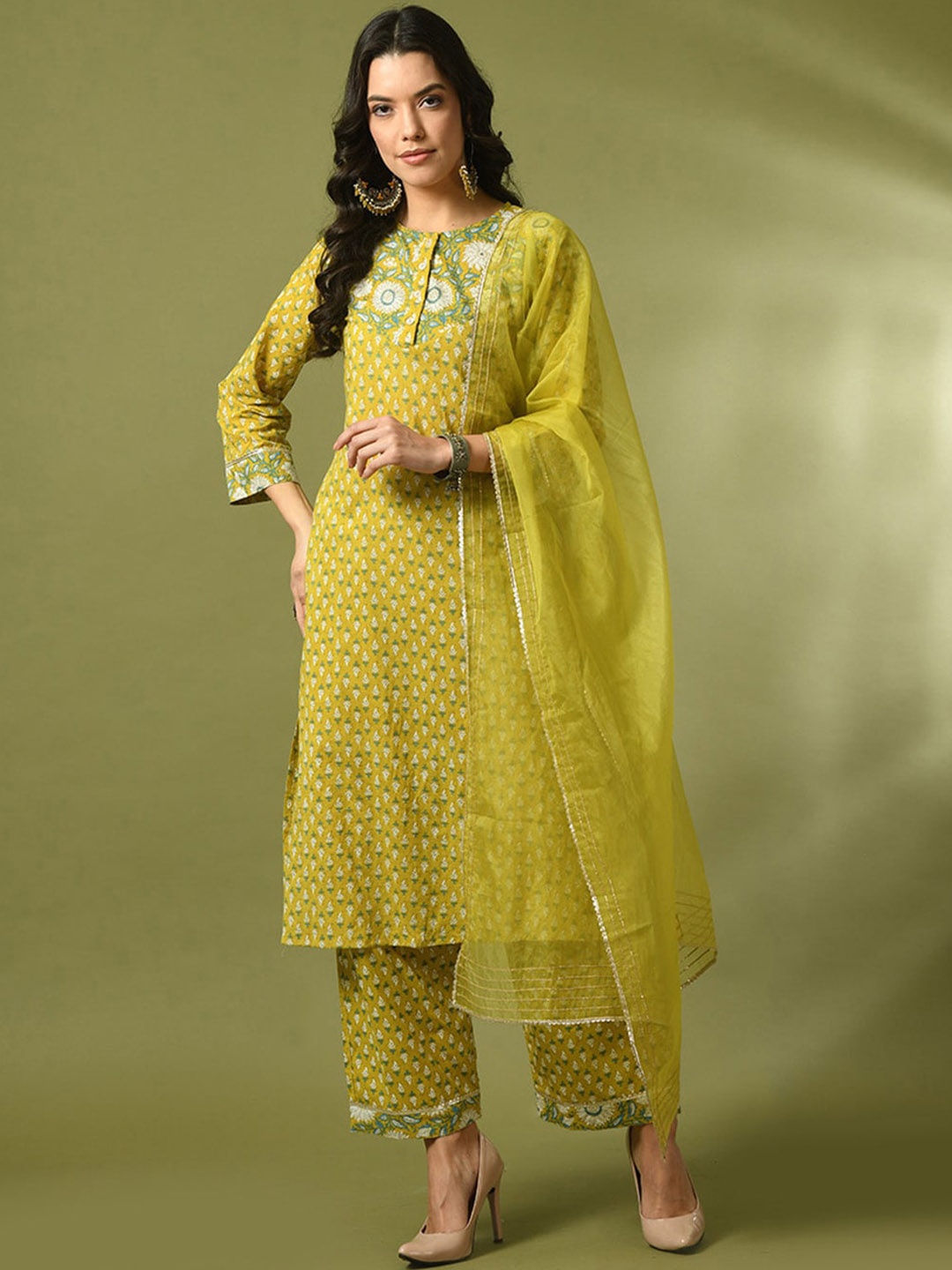 

Sangria Floral Printed Cotton Straight Kurta With Trousers & Dupatta, Yellow
