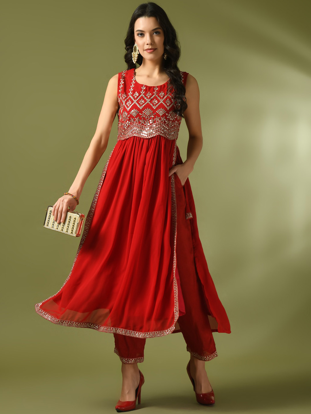 

Sangria Ethnic Motifs Embroidered Straight Kurta With Trouser, Red