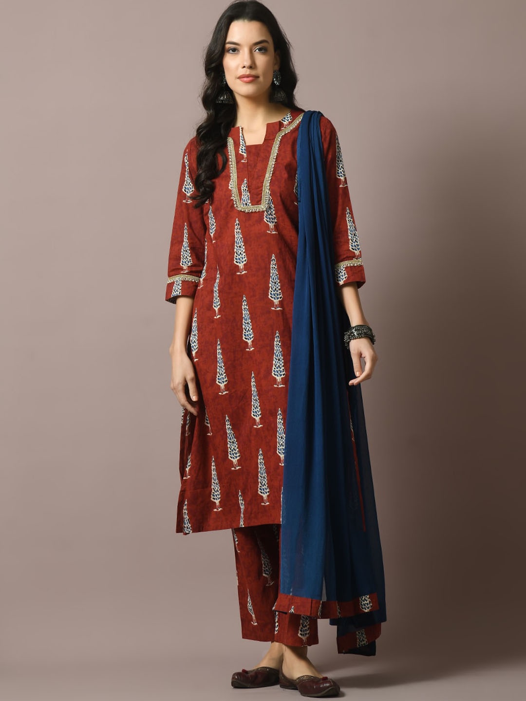 

Sangria Ethnic Motifs Printed Zari Pure Cotton Straight Kurta & Trousers, Rust