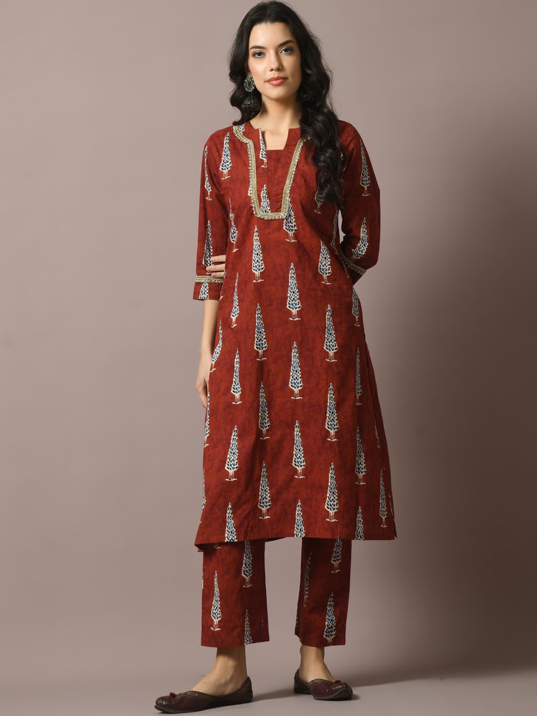

Sangria Ethnic Motifs Printed Zari Pure Cotton Straight Kurta & Trousers, Rust