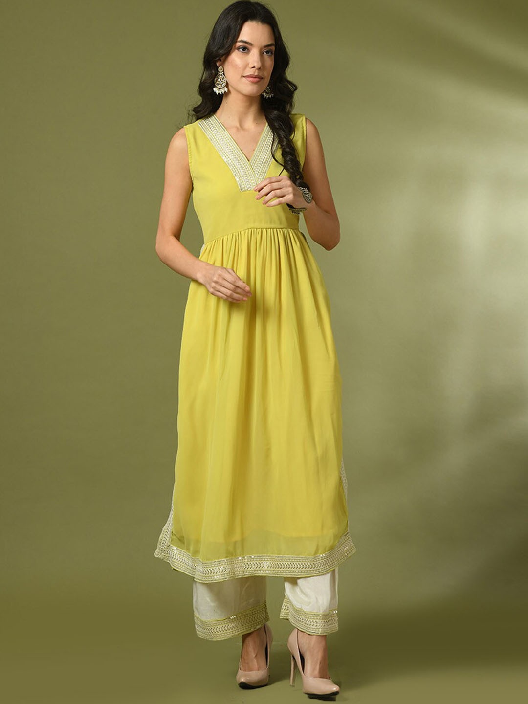 Sangria Sequined A-Line Georgette Kurta With Trousers, Yellow